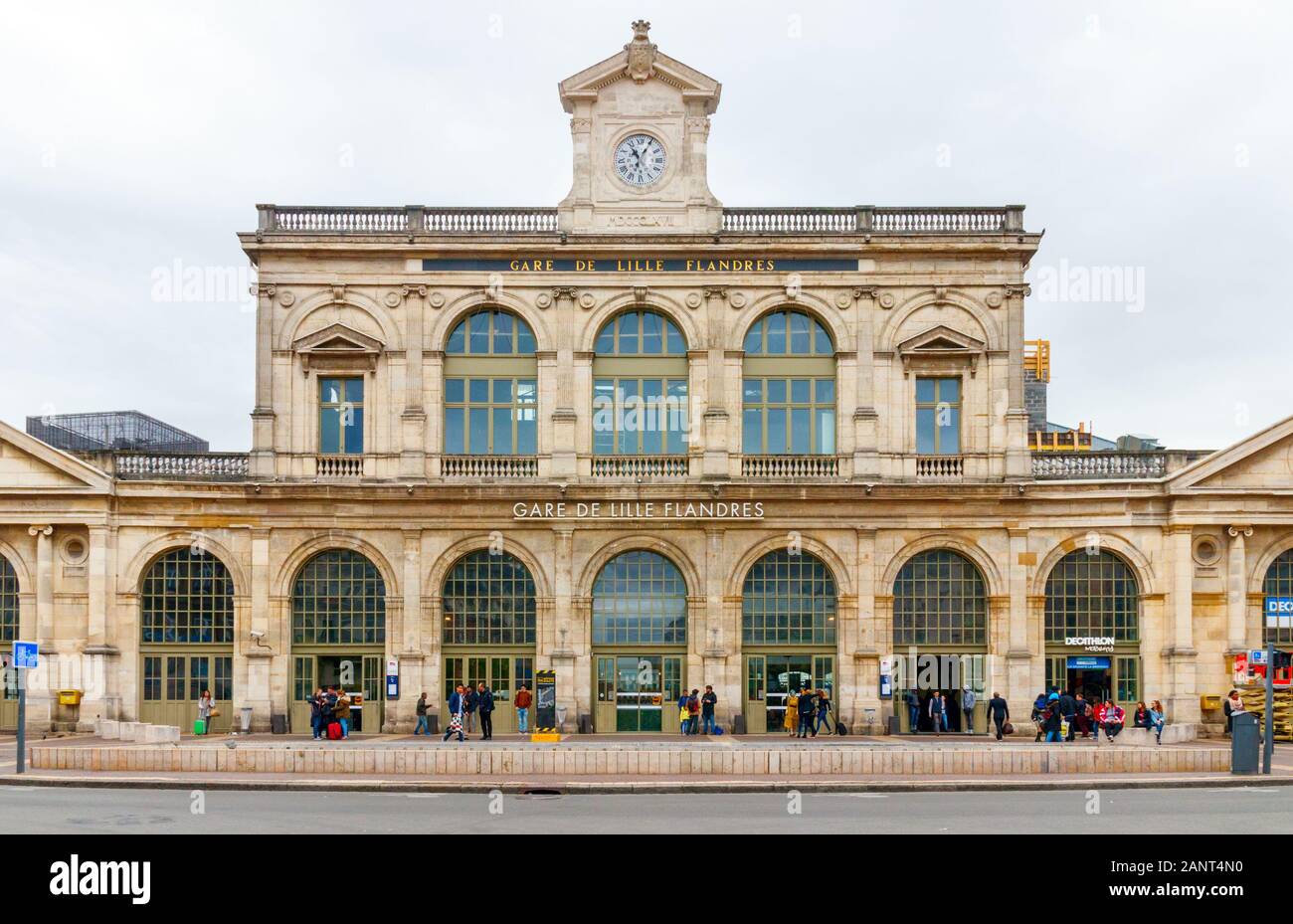 Frontal view of Lille Flanders railway station (Gare de Lille Flandres) under a cloudy sky. France. Stock Photo