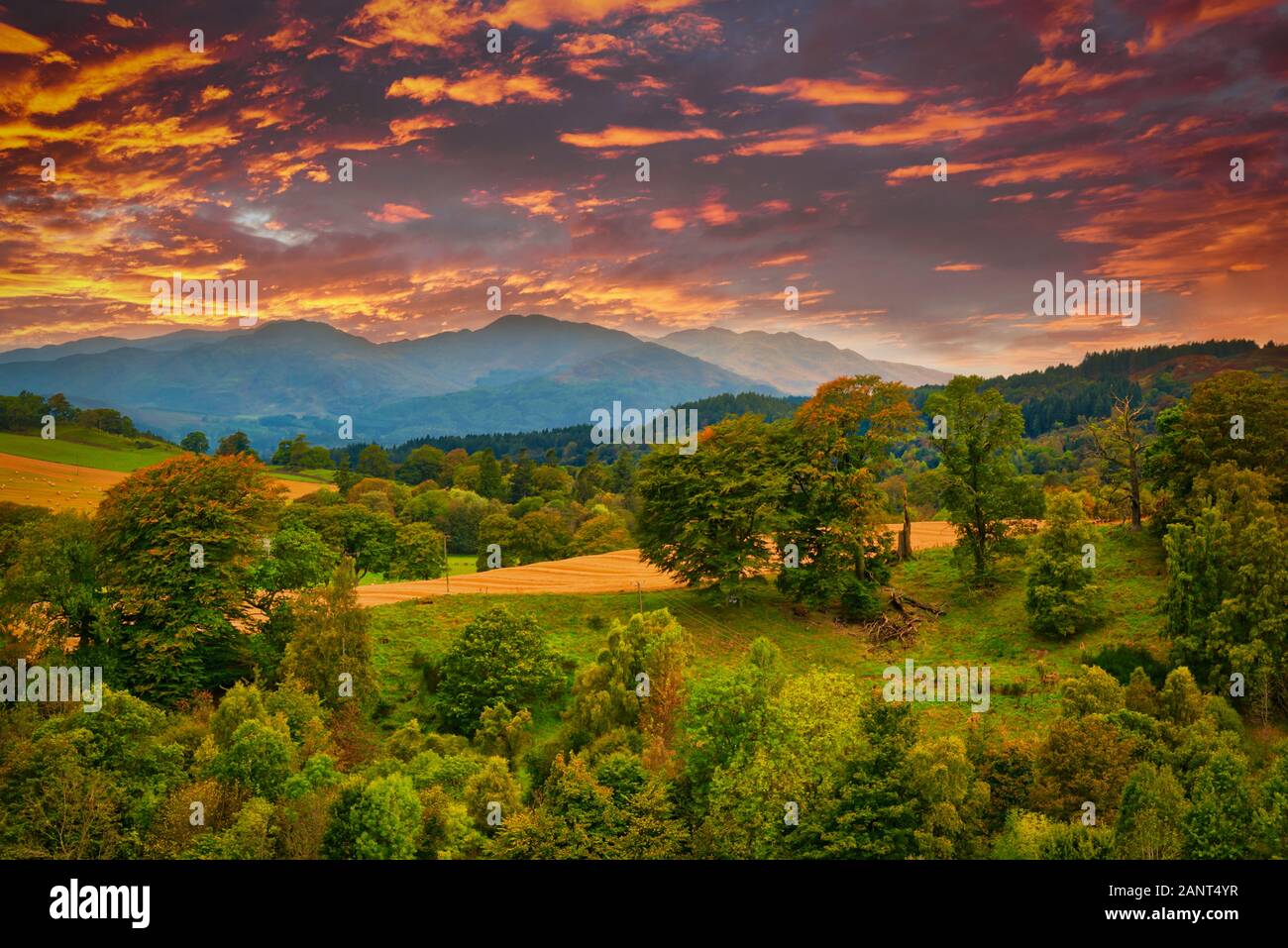 The Scottish mountains including Ben Chonzie that overlook the town of Crieff in autumn. Stock Photo