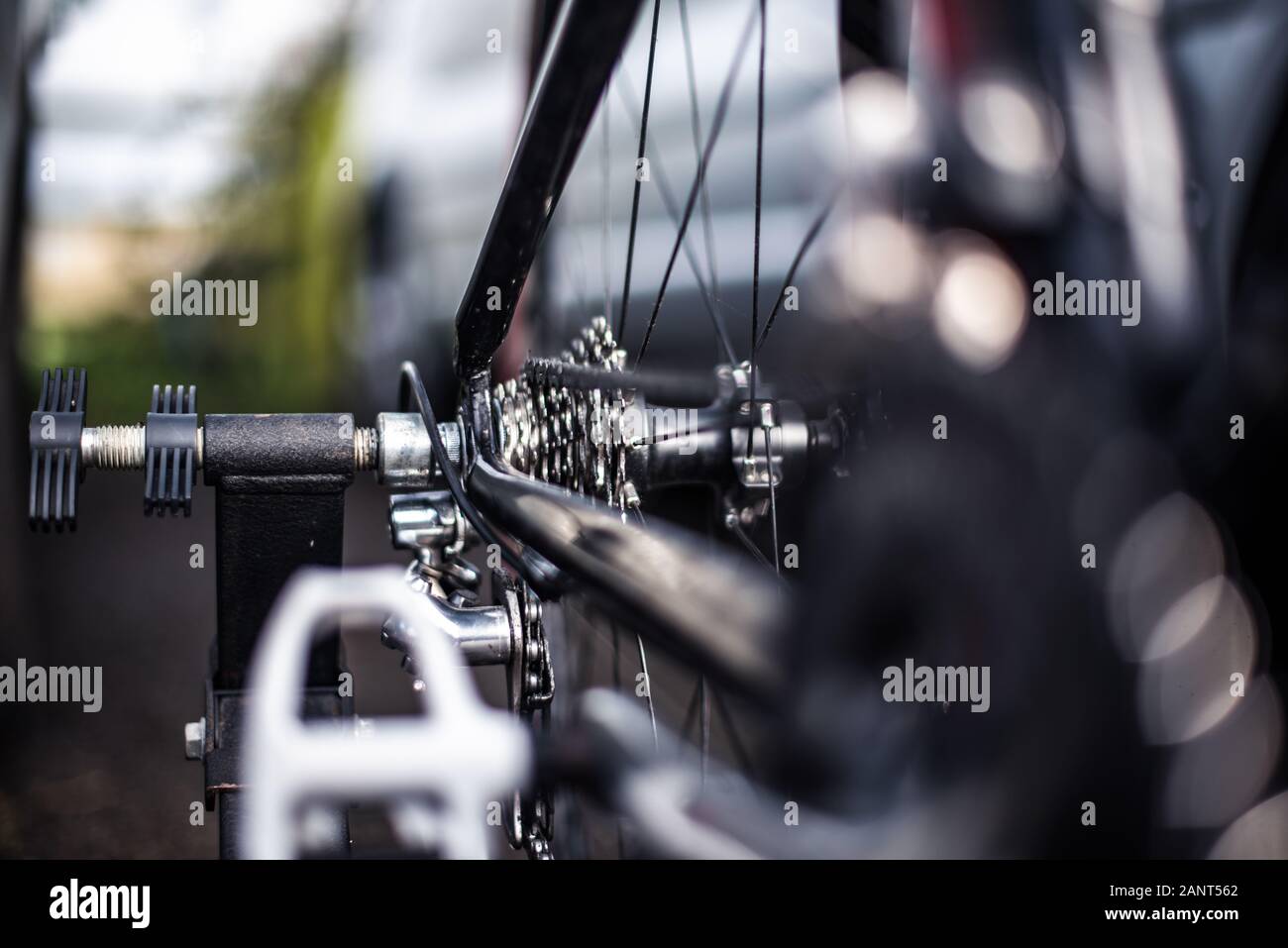 Bike chain spinning back tire macro grease oil gears tire closeup close up Stock Photo Alamy