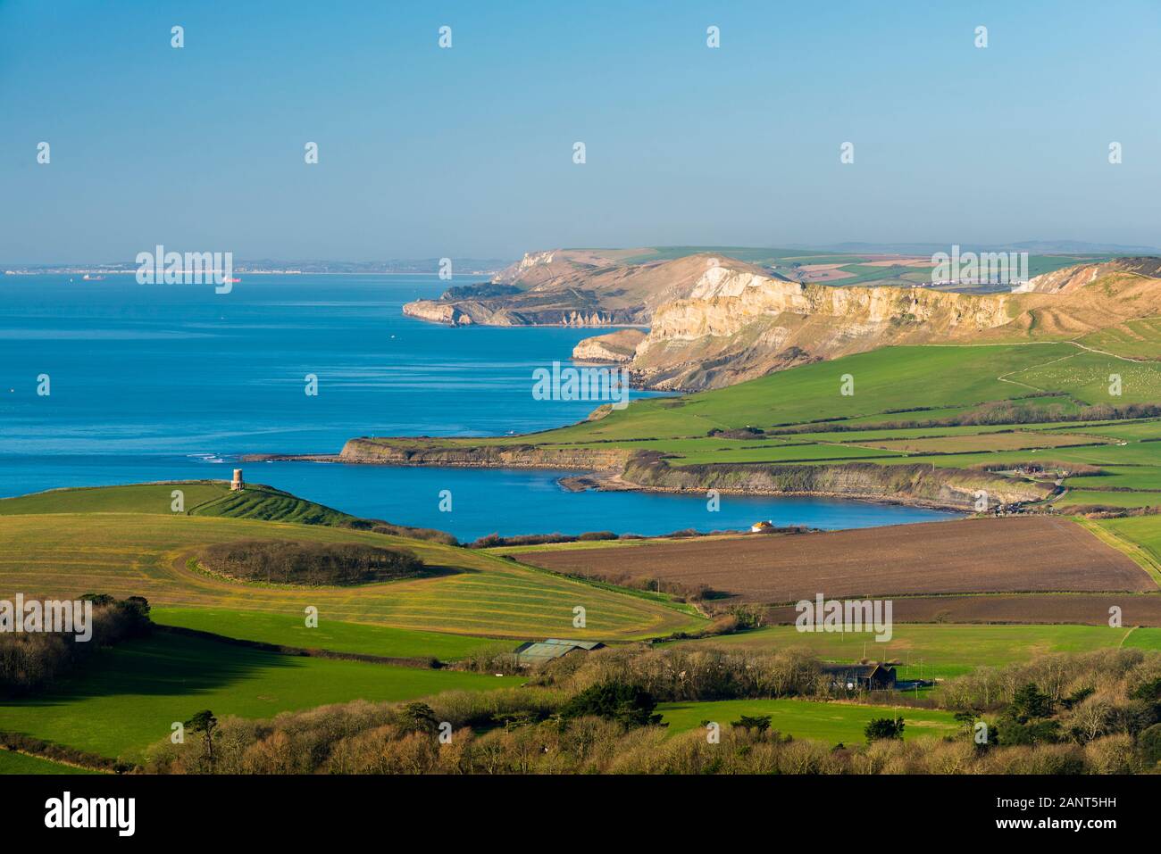 Swyre Head, Kingston, Dorset, UK.  19th January 2020. UK Weather. The view from Swyre Head near Kingston in Dorset looking west along the Jurassic Coast across Kimmeridge Bay and Warbarrow Bay.  Picture Credit: Graham Hunt/Alamy Live News Stock Photo