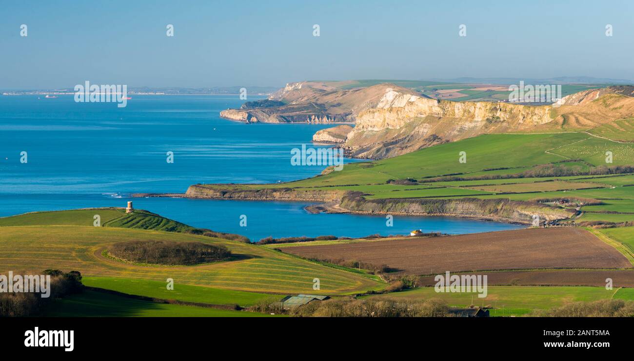 Swyre Head, Kingston, Dorset, UK.  19th January 2020. UK Weather. The view from Swyre Head near Kingston in Dorset looking west along the Jurassic Coast across Kimmeridge Bay and Warbarrow Bay.  Picture Credit: Graham Hunt/Alamy Live News Stock Photo