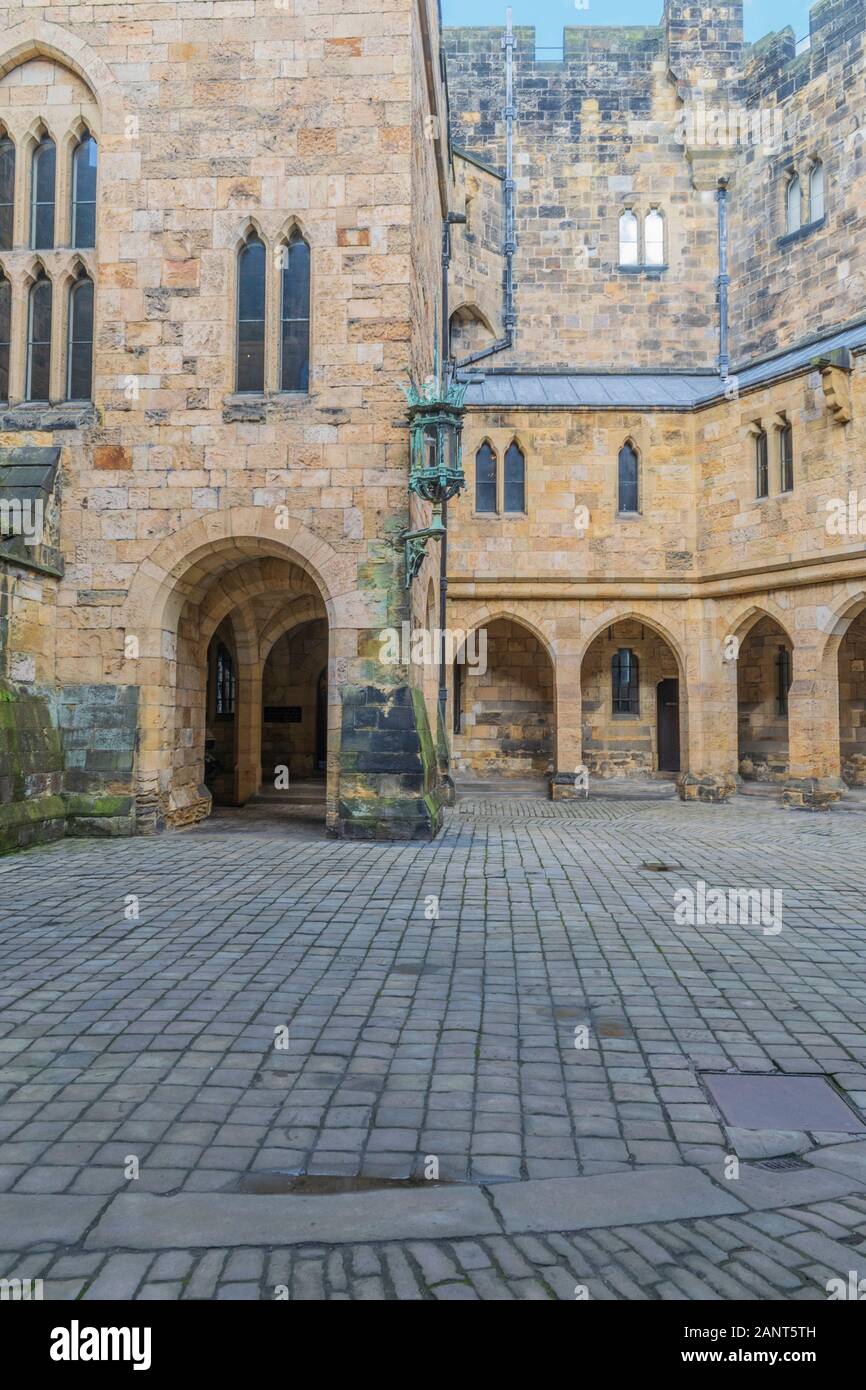 Alnwick Castle inner courtyard and entrance to staterooms, Northumberland, England. Stock Photo