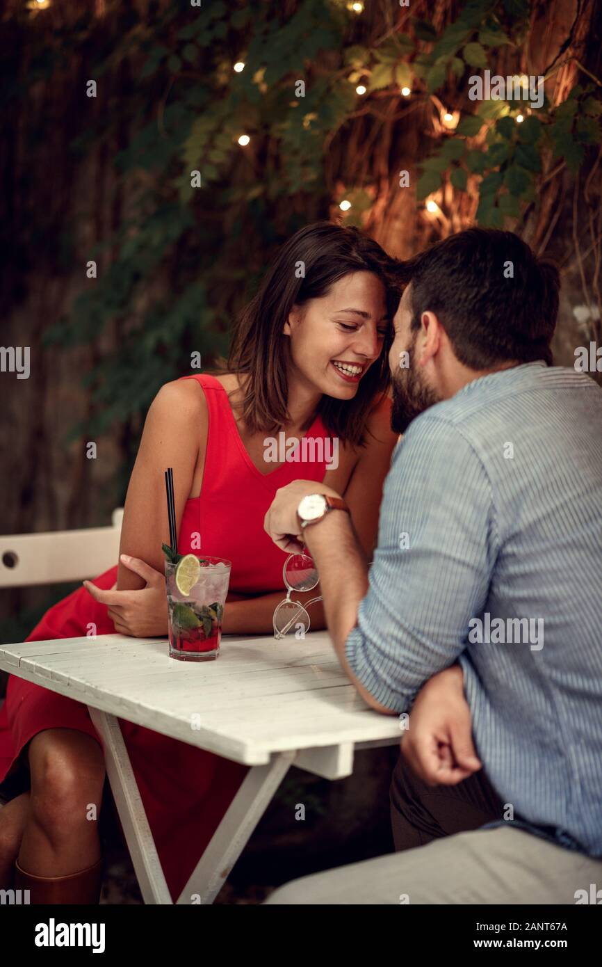 happy young couple on date celebrating Valentines day. Love and romance ...