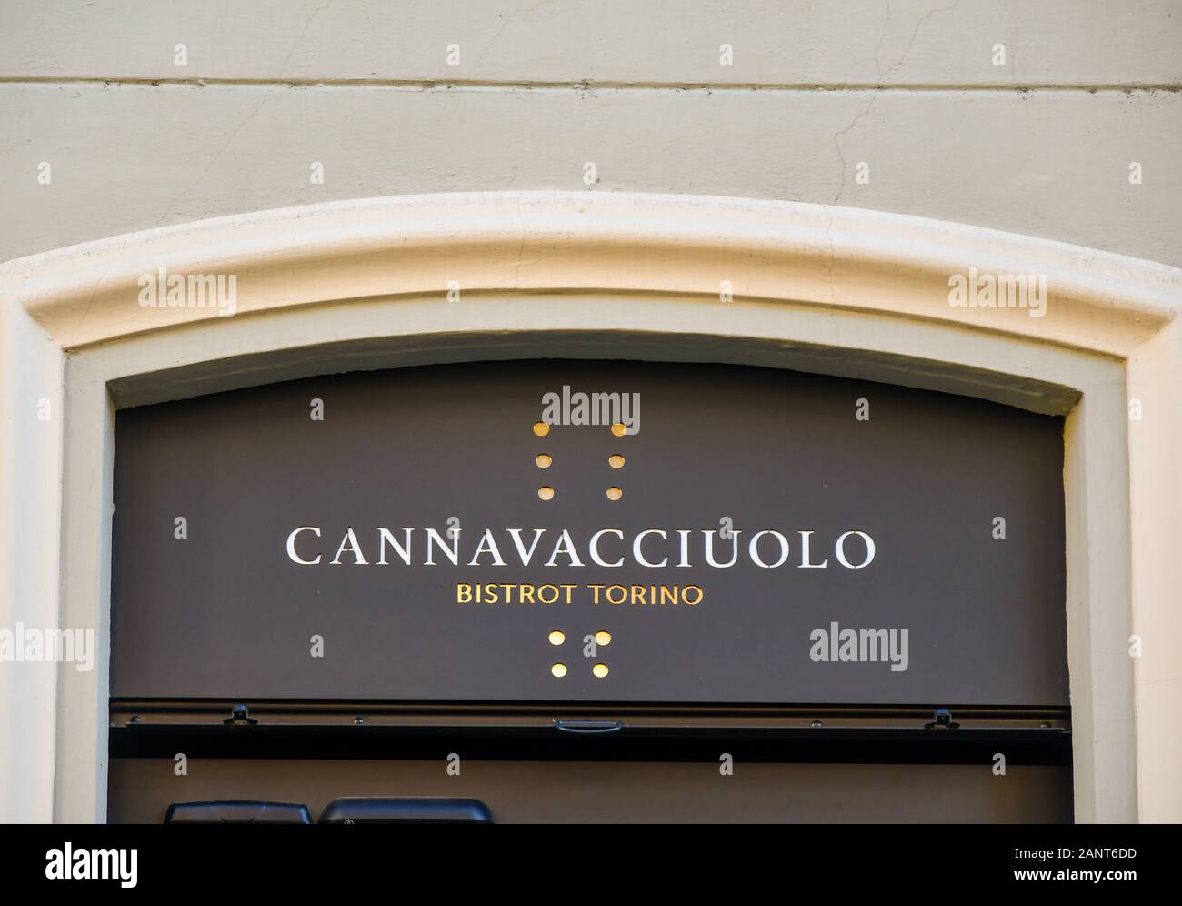 Close-up of the sign of Cannavacciuolo Bistrot in Turin, a Michelin-star restaurant of the famous chef Antonino Cannavacciuolo, Piedmont, Italy Stock Photo