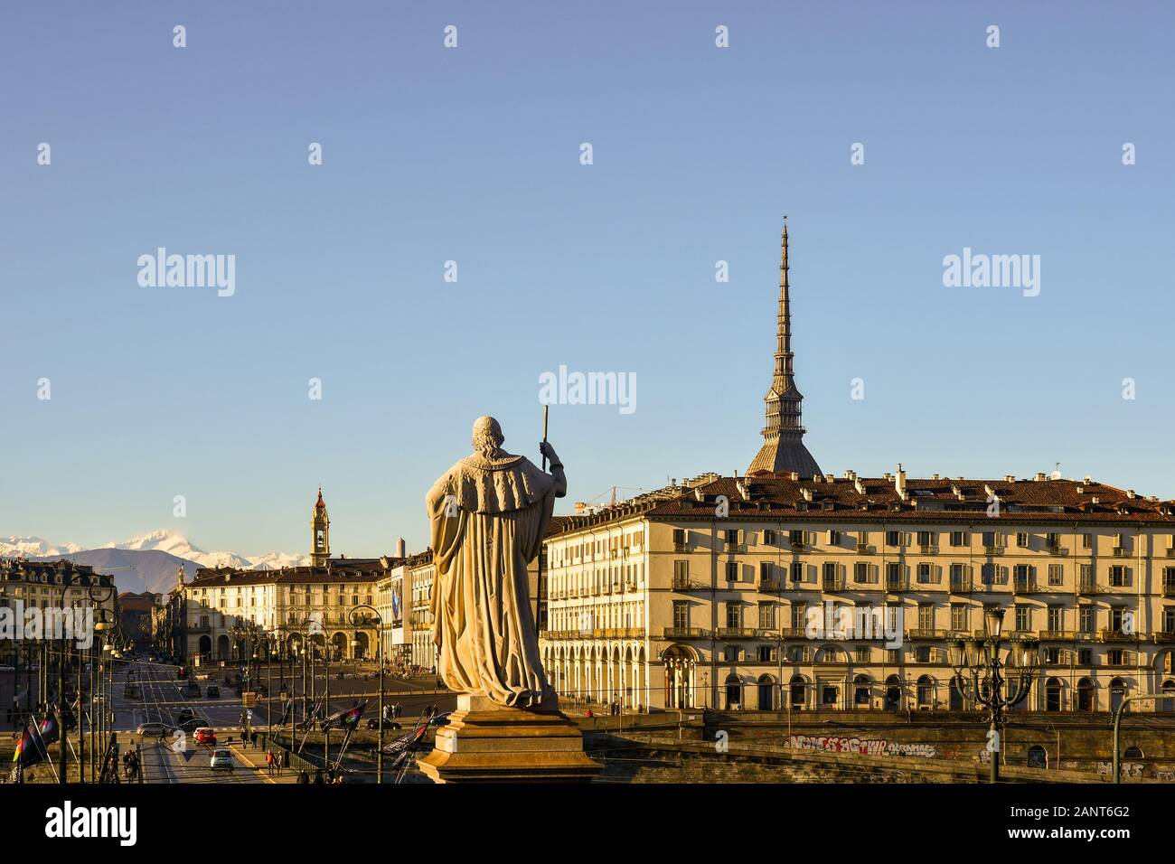 Cityscape of Turin with Vittorio Veneto Square, the top of Mole Antonelliana and the back of the statue of Vittorio Emanuele I, Piedmont, Italy Stock Photo