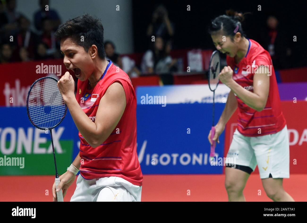 Jakarta, Indonesia. 19th Jan, 2020. Winners Greysia Polii(R)/Apriyani  Rahayu of Indonesia celebrate during the women's doubles final match  against Maiken Fruergaard/Sara Thygesen of Denmark at Indonesia Masters 2020  badminton tournament in Jakarta,