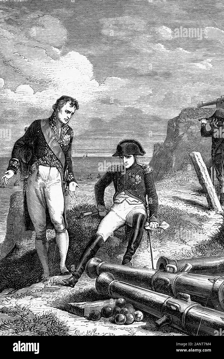 Admiral Denis Decrés explains to Napoleon the withdrawal of the Villeneuve squad to Cadiz. 1805. Napoleonic wars. Antique illustration. 1890. Stock Photo