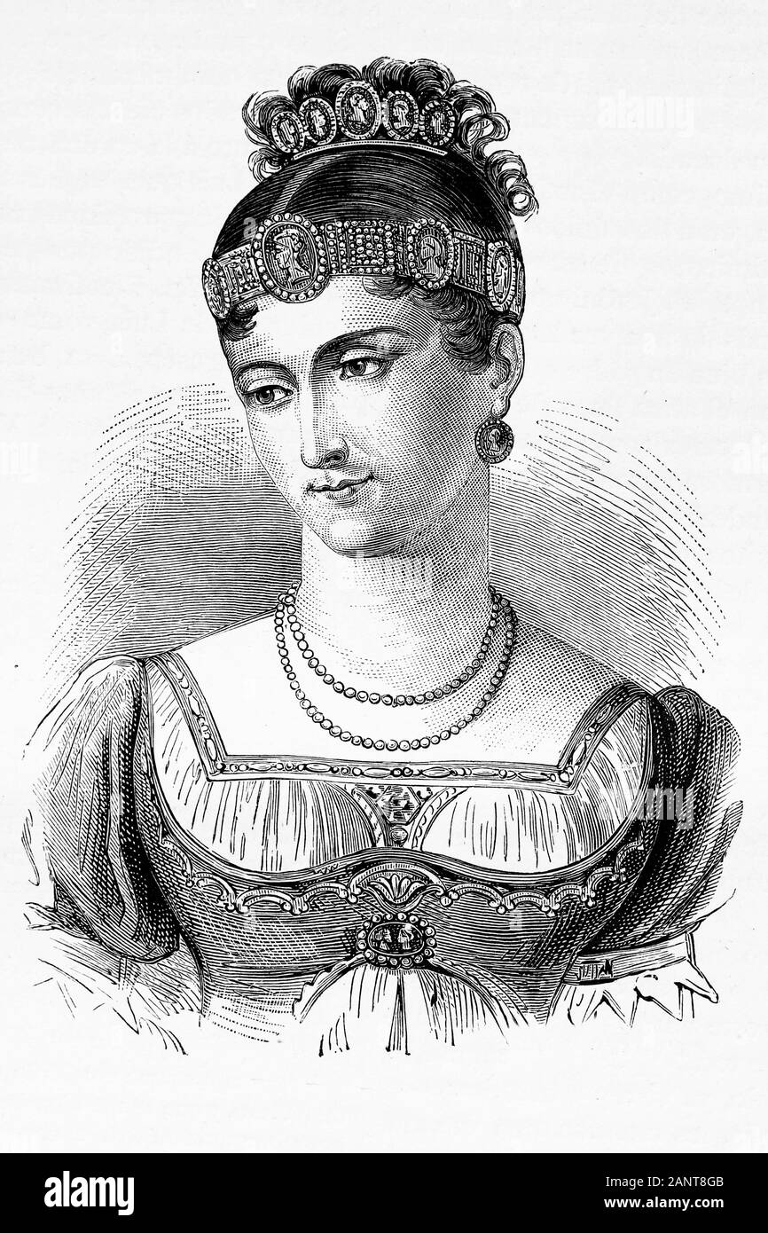Pauline Bonaparte, Princess of Guastalla, Princess consort of Sulmona, and princess of France. 1780-1825. Antique illustration. 1890. Stock Photo