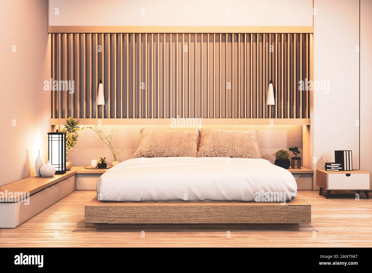 bedroom design japanese wooden with battens and hiden light wall design.3D  rendering Stock Photo - Alamy