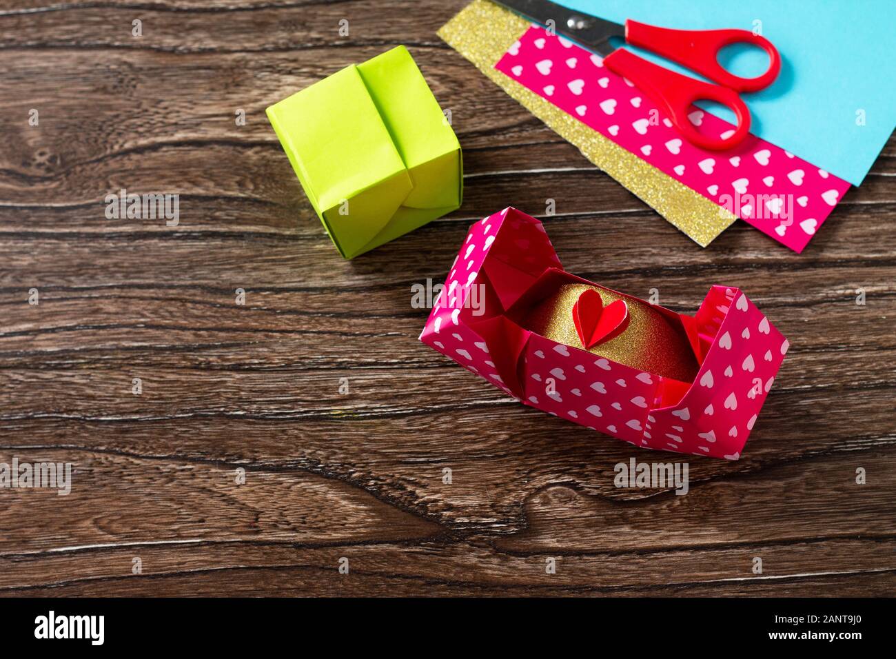 Box Valentine S Day Mother S Day Or Birthday Presents Valentine S Day Gifts With A Red Paper Heart On A Wooden Table Copy Space Stock Photo Alamy