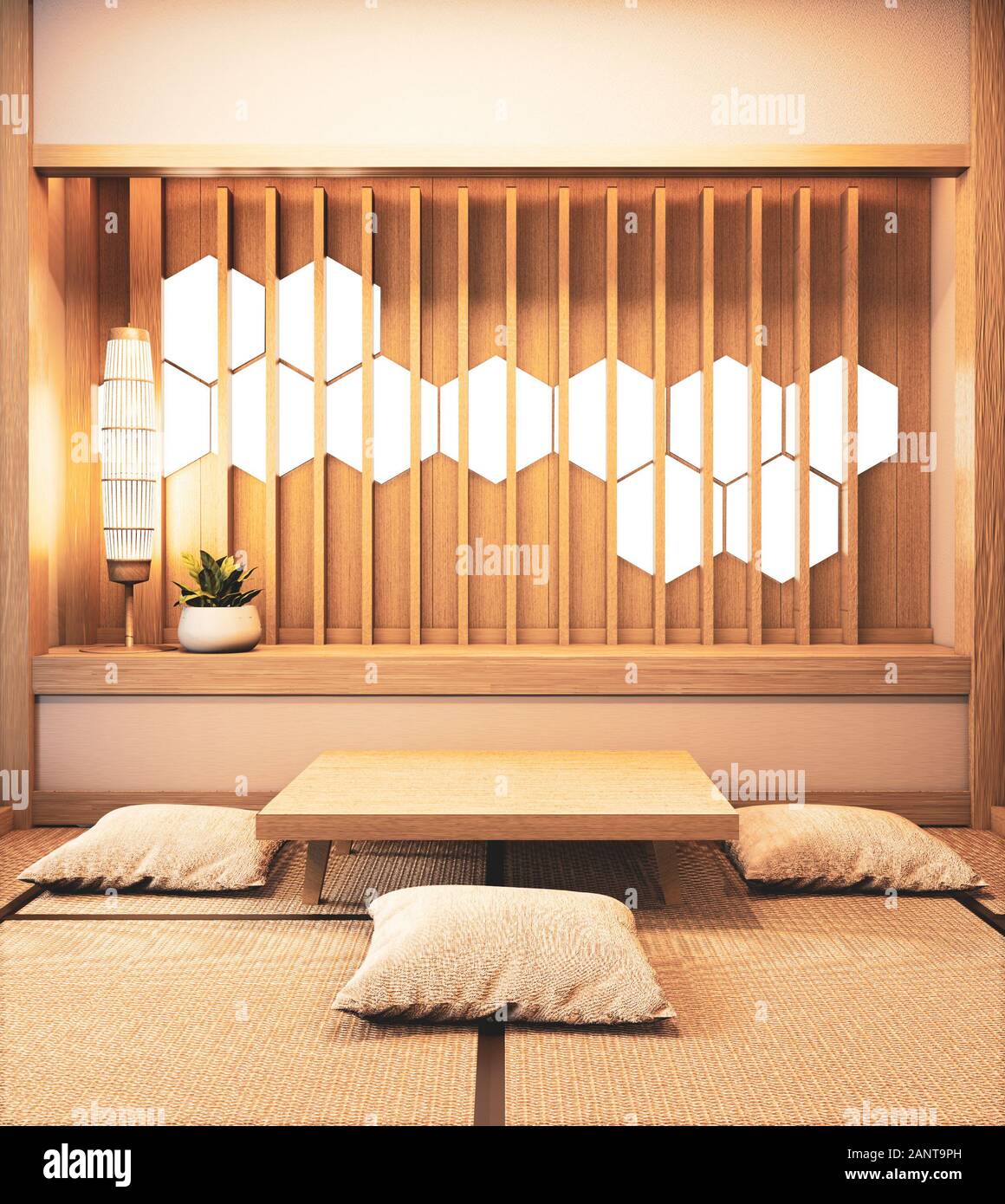 Ryokan room with hexagon light on wall decoraion and tatami mat floor