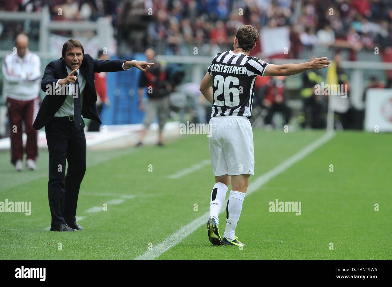 Turin Italy, 29 September 2013, "Stadio Olimpico Grande Torino" Stadium,  Campionato di Calcio Seria A 2013/2014, FC Torino - FC Juventus: Stephan  Lichtsteiner and Antonio Conte during the match Stock Photo - Alamy