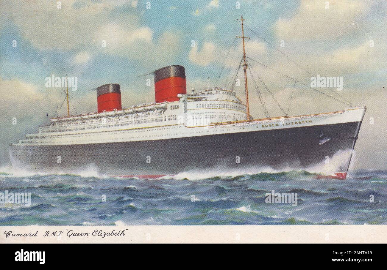 Vintage colour postcard of Cunard R.M.S. Queen Elizabeth 1940s Stock Photo