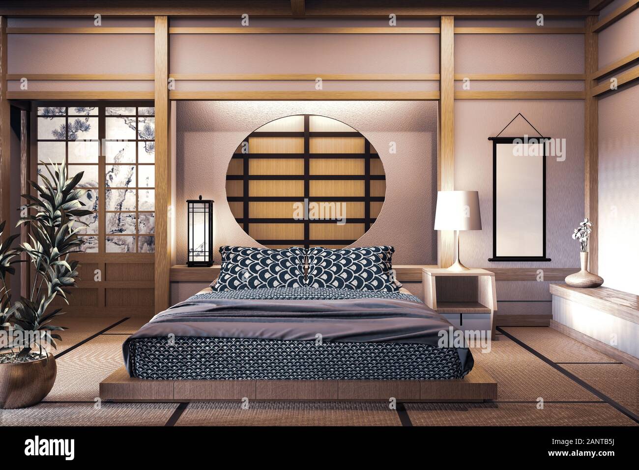 Circle window japanese wall design on bedroom japanese style.3D