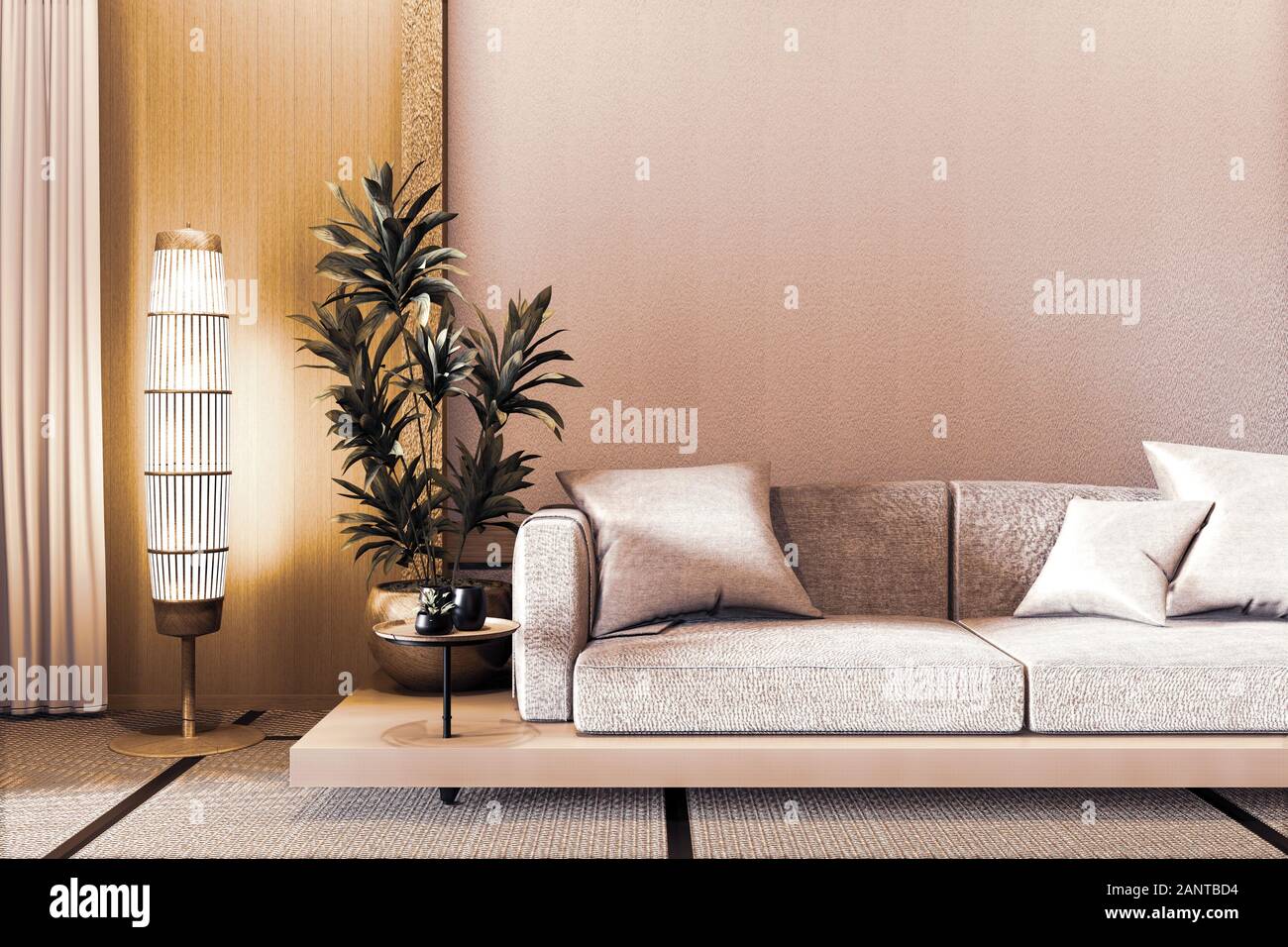 sofa wooden japanese design, on room japanese wooden floor and decoration  lamp and plants vase.3D rendering Stock Photo - Alamy