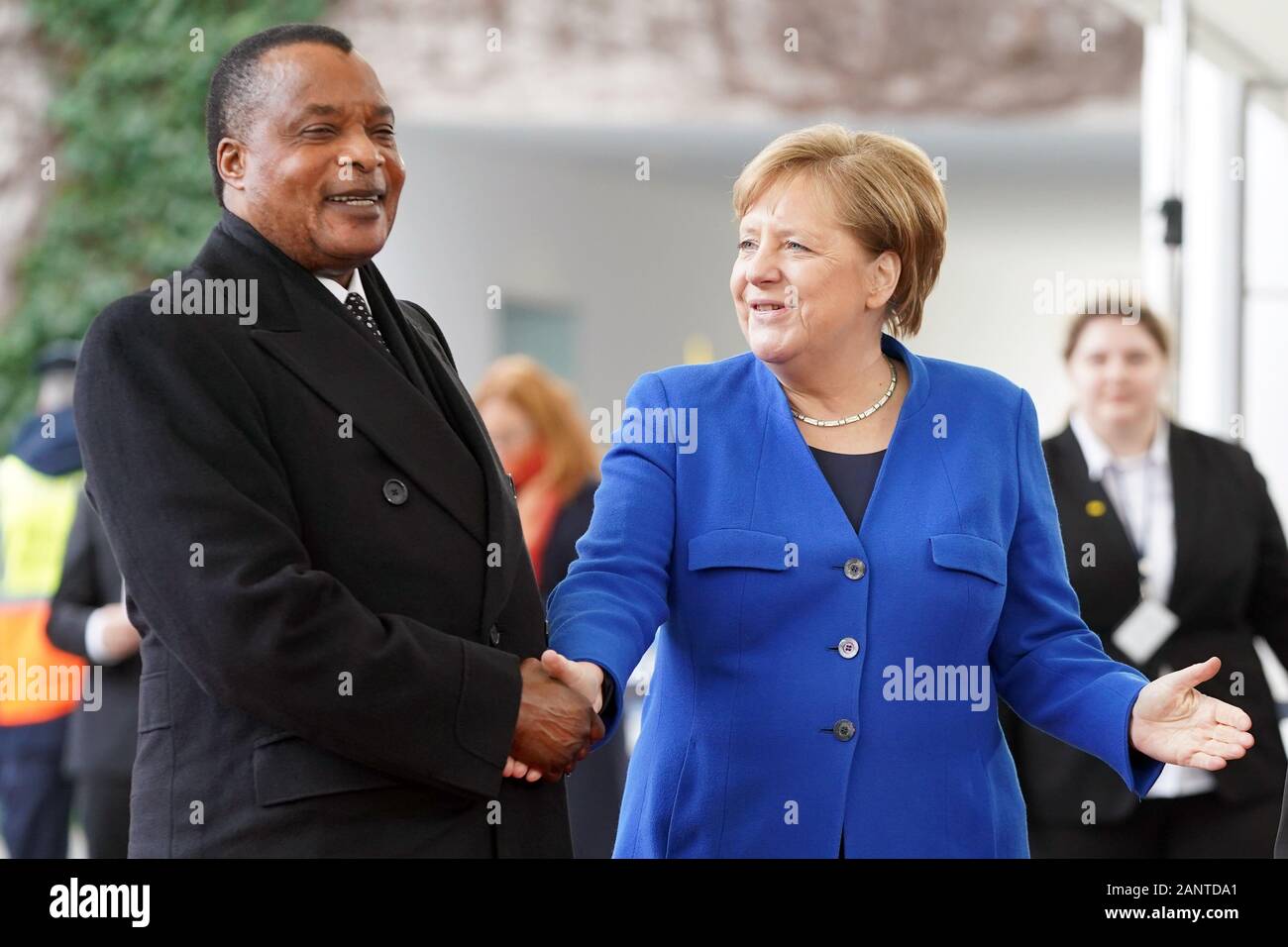 Berlin, Germany. 19th Jan, 2020. Federal Chancellor Angela Merkel (CDU) receives Denis Sassou Nguesso, President of the Republic of Congo, in front of the Federal Chancellery for the Libya Conference. The aim of the conference is a lasting ceasefire in the civil war country. Credit: Kay Nietfeld/dpa/Alamy Live News Stock Photo