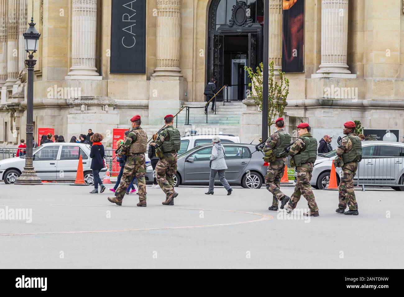 PARIS, FRANCE - MAY 15, 2016: Armed military on the streets of Paris. France Stock Photo