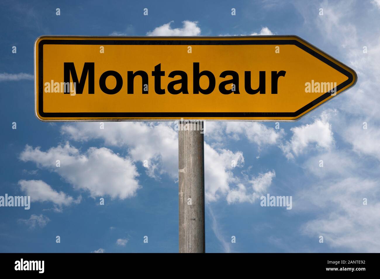 Detail photo of a signpost with the inscription Montabaur, Rhineland-Palatinate, Germany, Europe Stock Photo