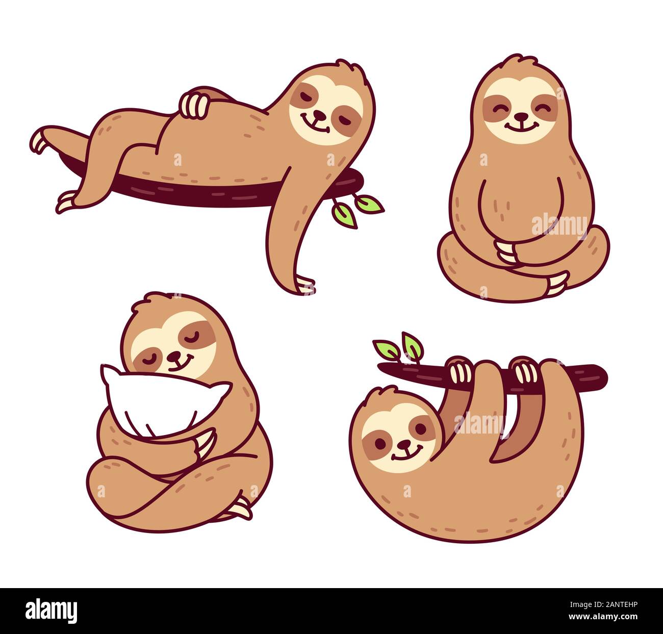 Cute Cartoon Sloth Character Drawing Set Hanging From Tree Branch