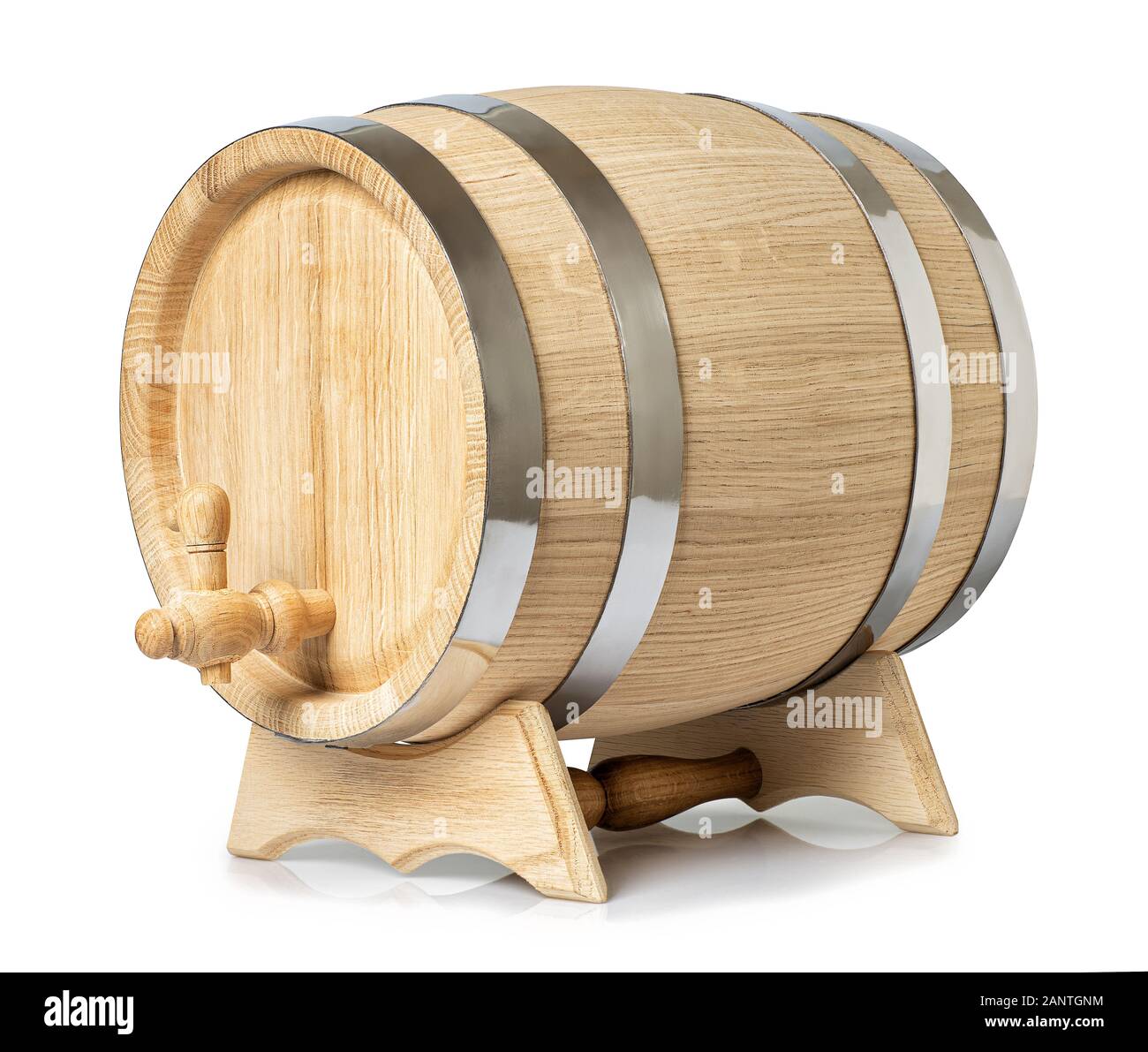 new wooden barrel for alcohol drinks with stopcock isolated on white background Stock Photo