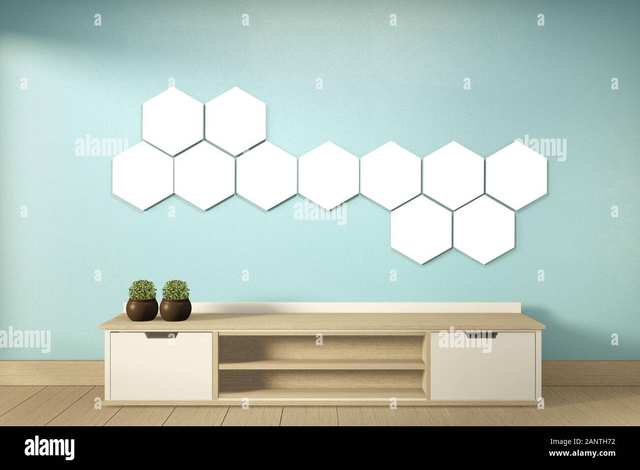 Tv Shelf And Hexagon Lamp On Wall Mint Room Modern Tropical Style