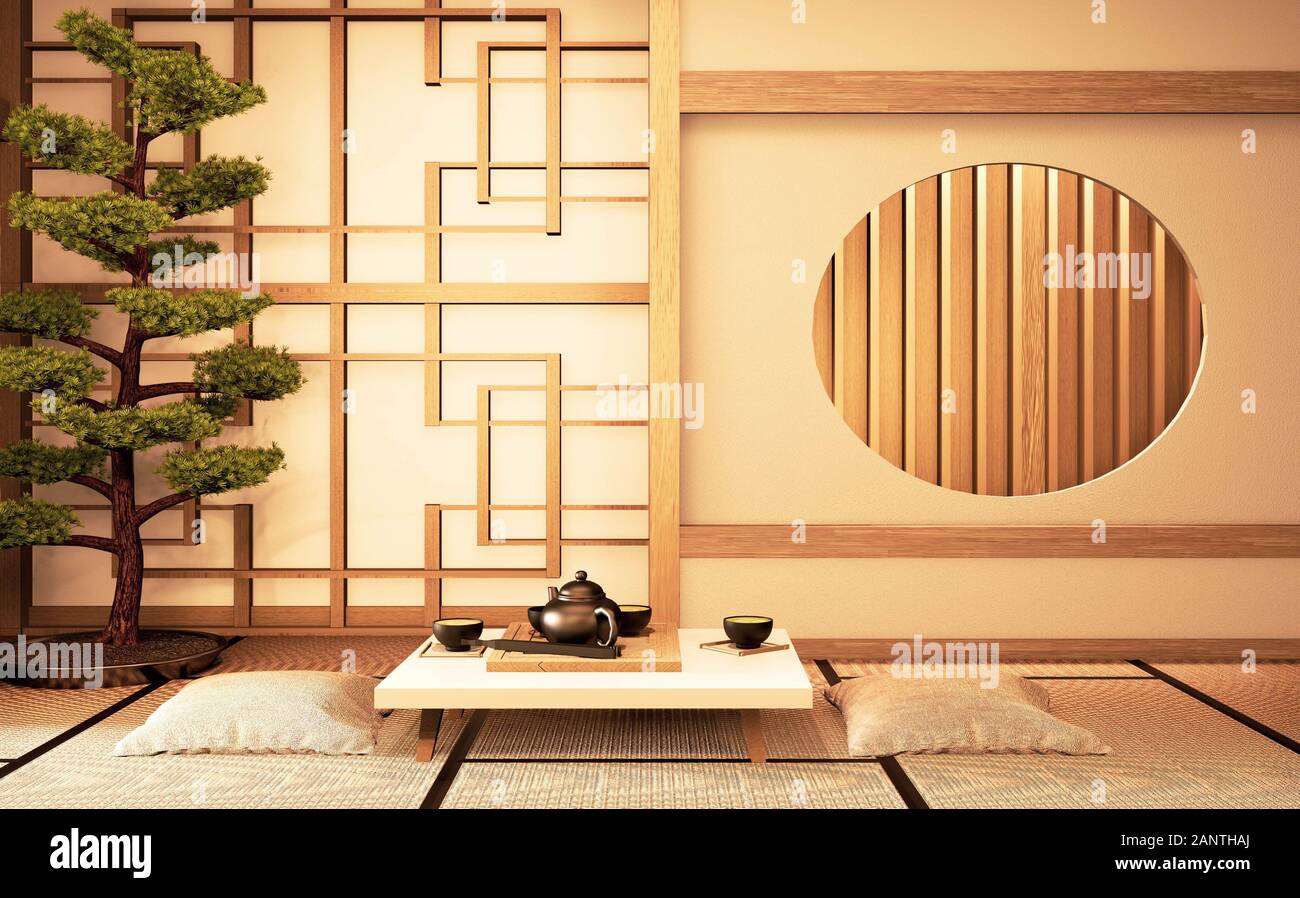 Chinese interior with circle window wooden design idea of room japan and  tatami mat. 3D rendering Stock Photo - Alamy