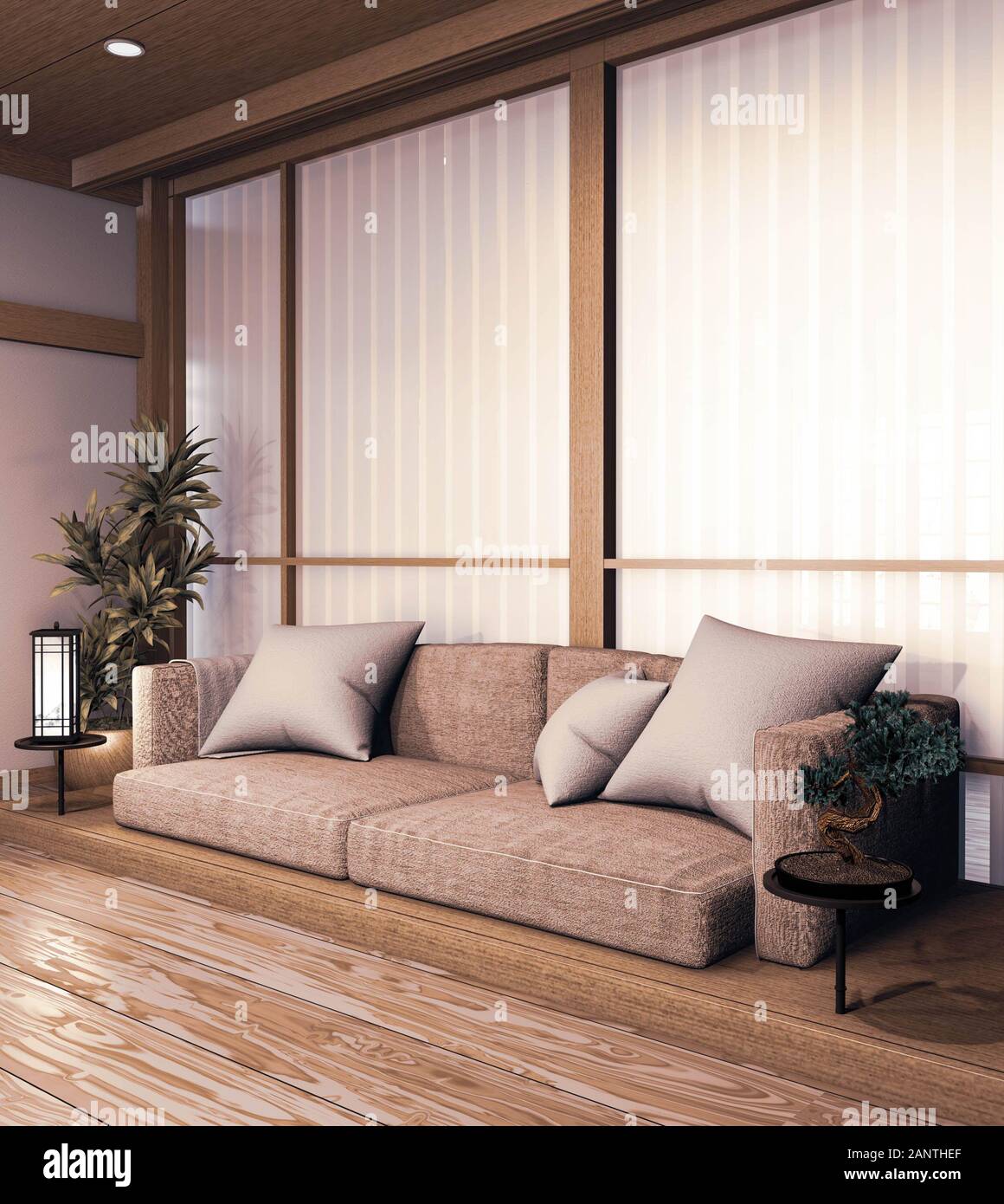 sofa wooden japanese design, on room japanese wooden floor and decoration  lamp and plants vase.3D rendering Stock Photo - Alamy