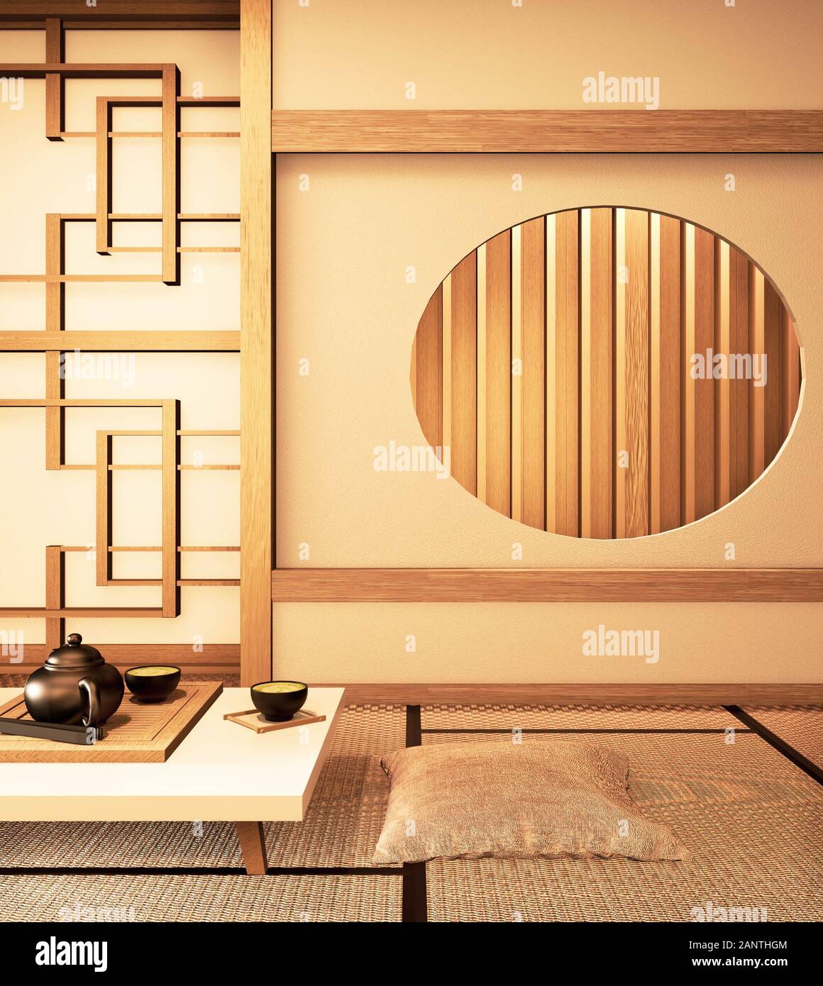 Chinese interior with circle window wooden design idea of room japan and  tatami mat. 3D rendering Stock Photo - Alamy