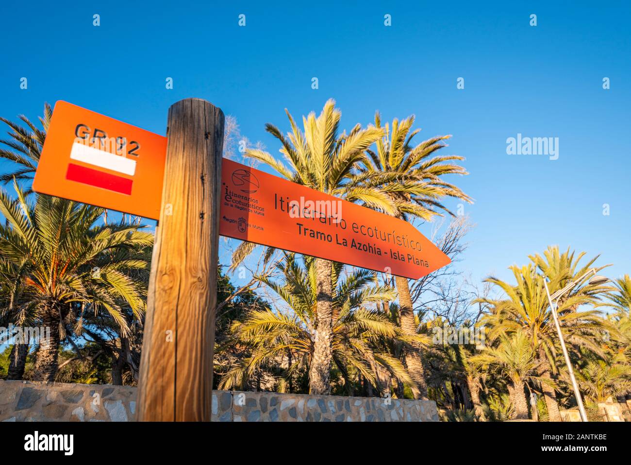 Coastal walk sign at Isla Plana, Murcia, Costa Calida, Spain, EU. GR 92. Itinerario Ecoturistico, Tramo La Azohia to Isla Plana. MEDITERRANEAN TRAIL Stock Photo