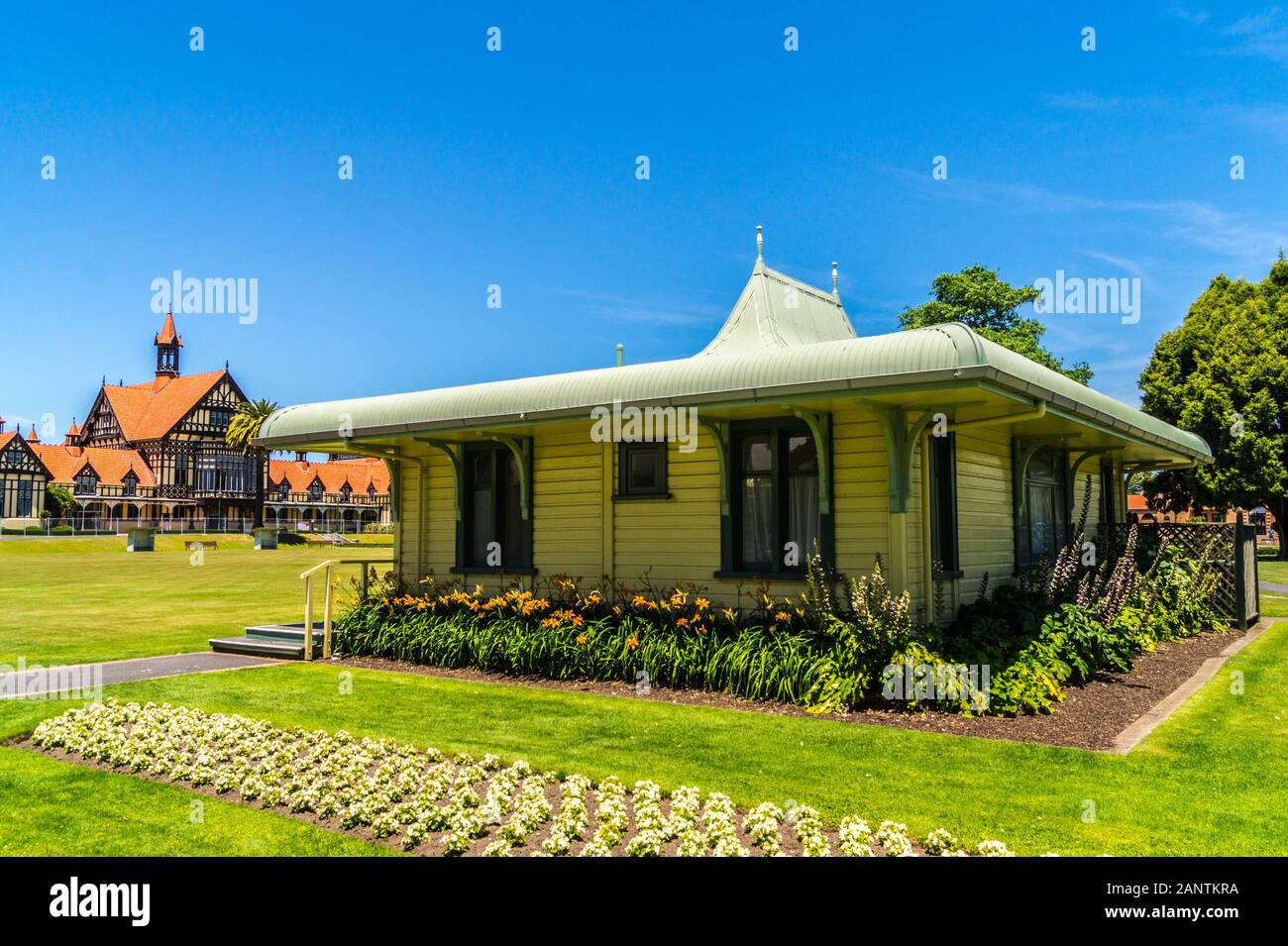 Bowls pavilion, Rotorua Bowling Club, 1900, Government Gardens, Rotorua, North Island, New Zealand Stock Photo