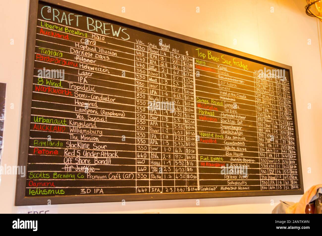 Craft beer price list on a blackboard, Blind Finch Hamburgeria hamburger restaurant and bar, Rotorua, North Island, New Zealand Stock Photo