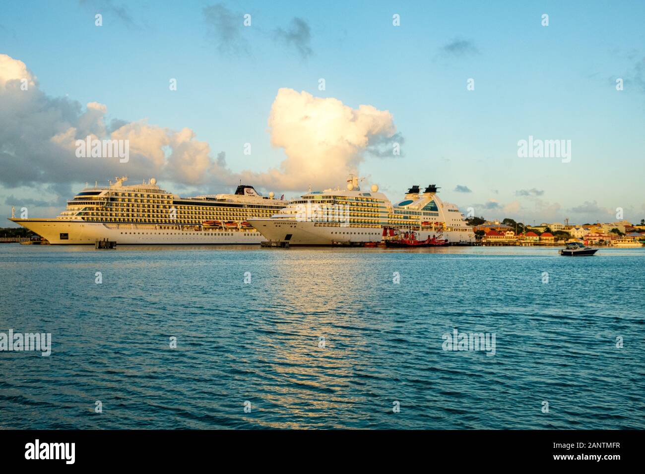 MV Viking Sea and MV Seabourn Sojourn, Cruise Ship Port, St Johns, Antigua Stock Photo