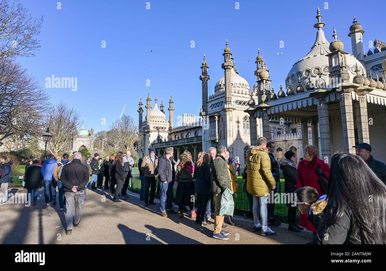Brighton UK 19th January 2020 - Hundreds of people queue up on the free visit day at Brighton Royal Pavilion . To celebrate the purchase of the Royal Pavilion by Brighton in 1850 admission charges are waived one day a year : Credit Simon Dack / Alamy Live News Stock Photo