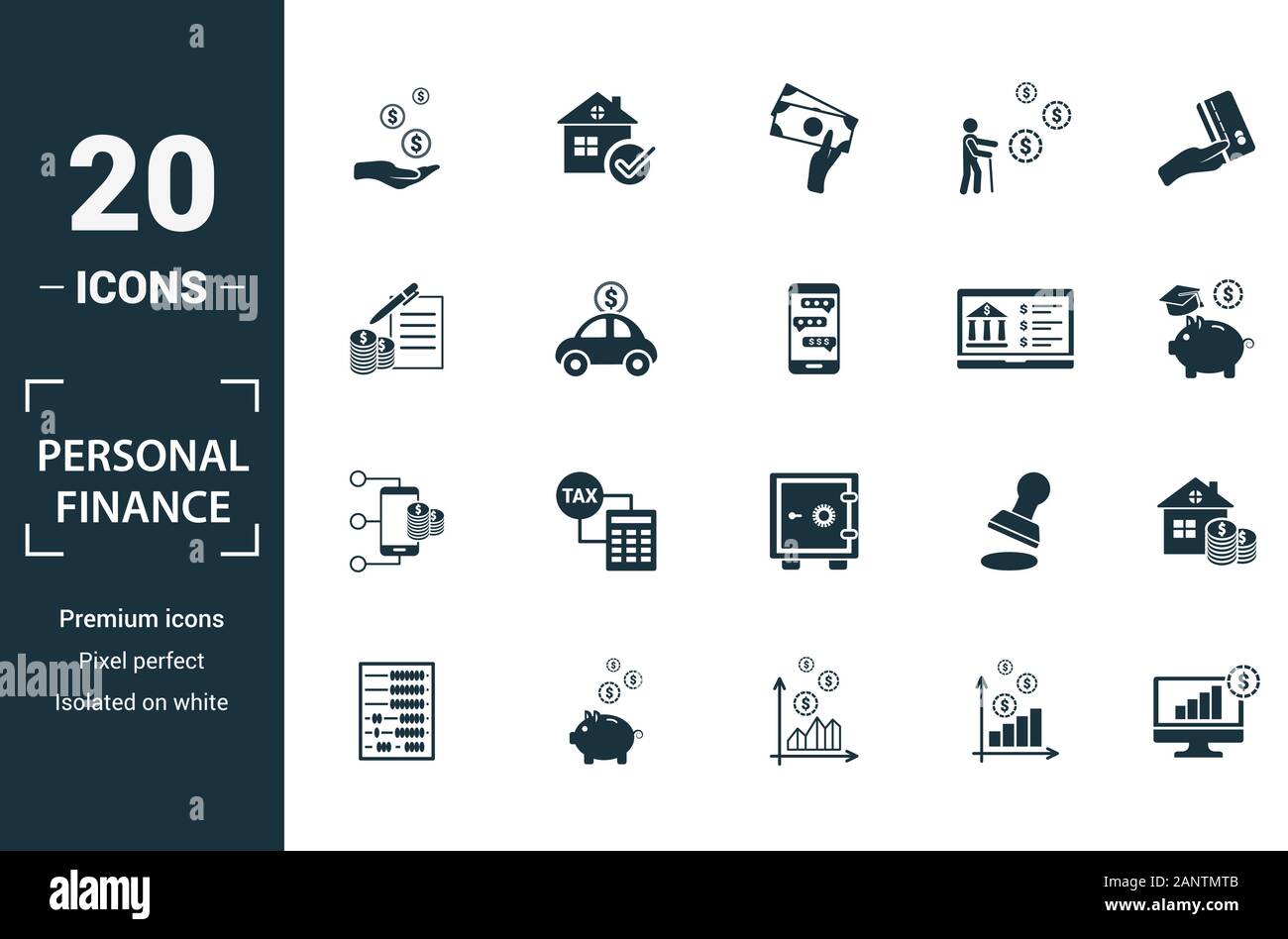 Personal Finance icon set. Include creative elements personal income, personal loan, budgeting, online banking, digital wallet icons. Can be used for Stock Vector