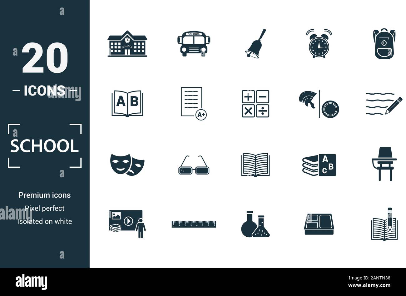 School icon set. Include creative elements school, bell, alphabet, history, art icons. Can be used for report, presentation, diagram, web design Stock Vector