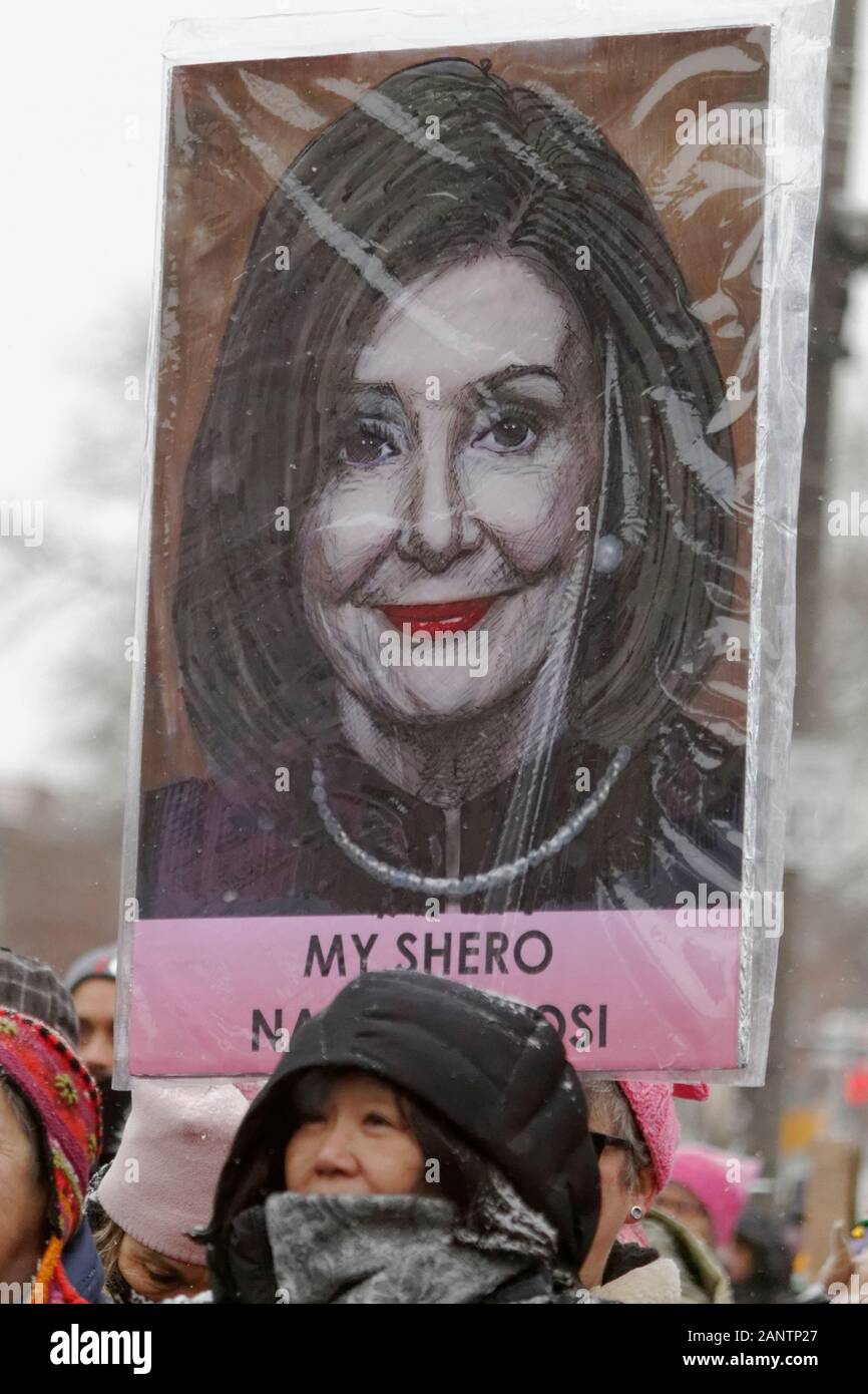 Philadelphia, PA, USA - January 18, 2020: A sign honoring U.S. Rep. Nancy Pelosi (D-CA), is at the fourth annual Women's March on Philadelphia. Stock Photo