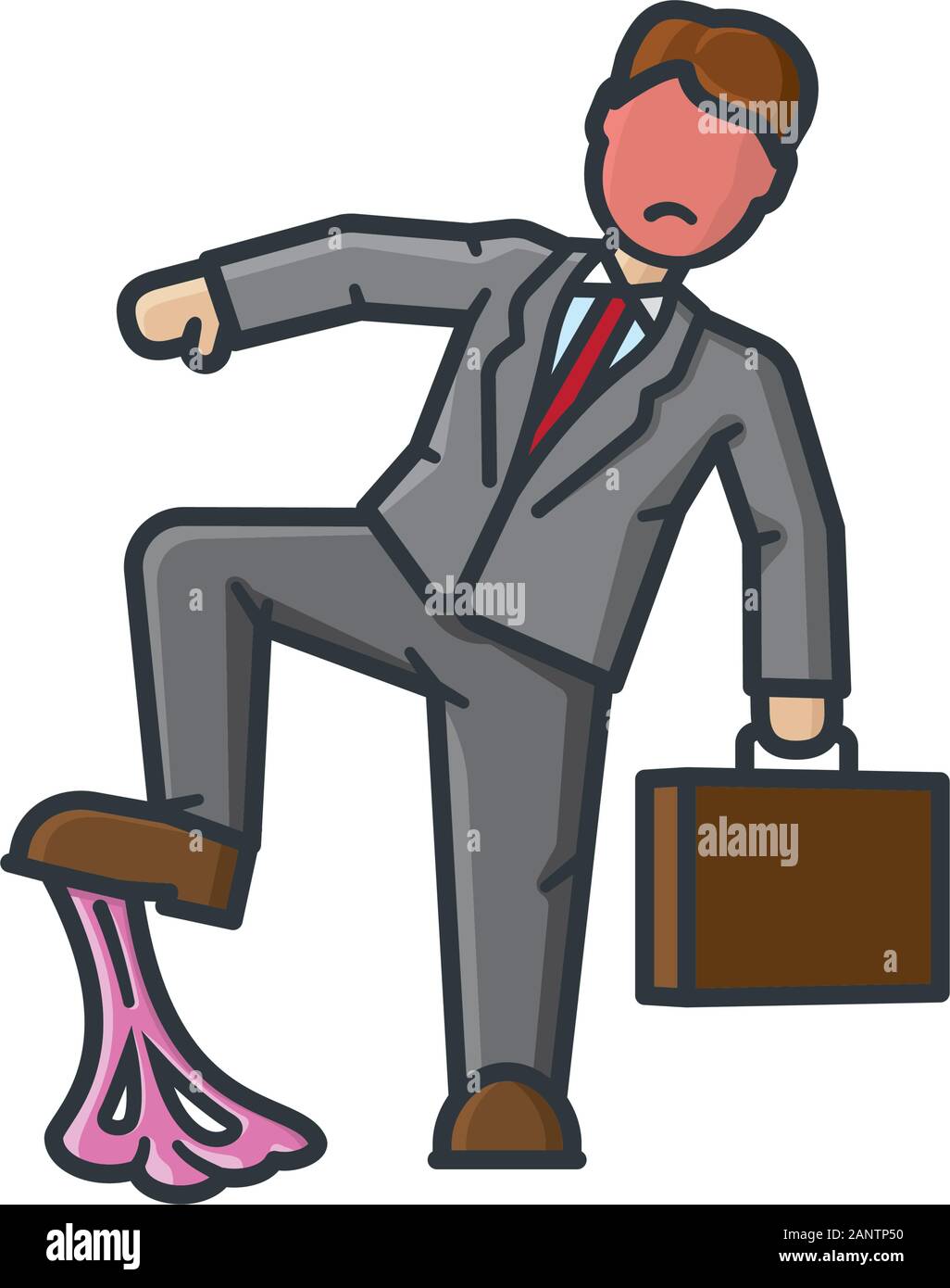 Businessman stepping in bubblegum vector illustration for Bubble Gum Day on February 7. Mishap, bad luck, annoyance isolated concept. Stock Vector
