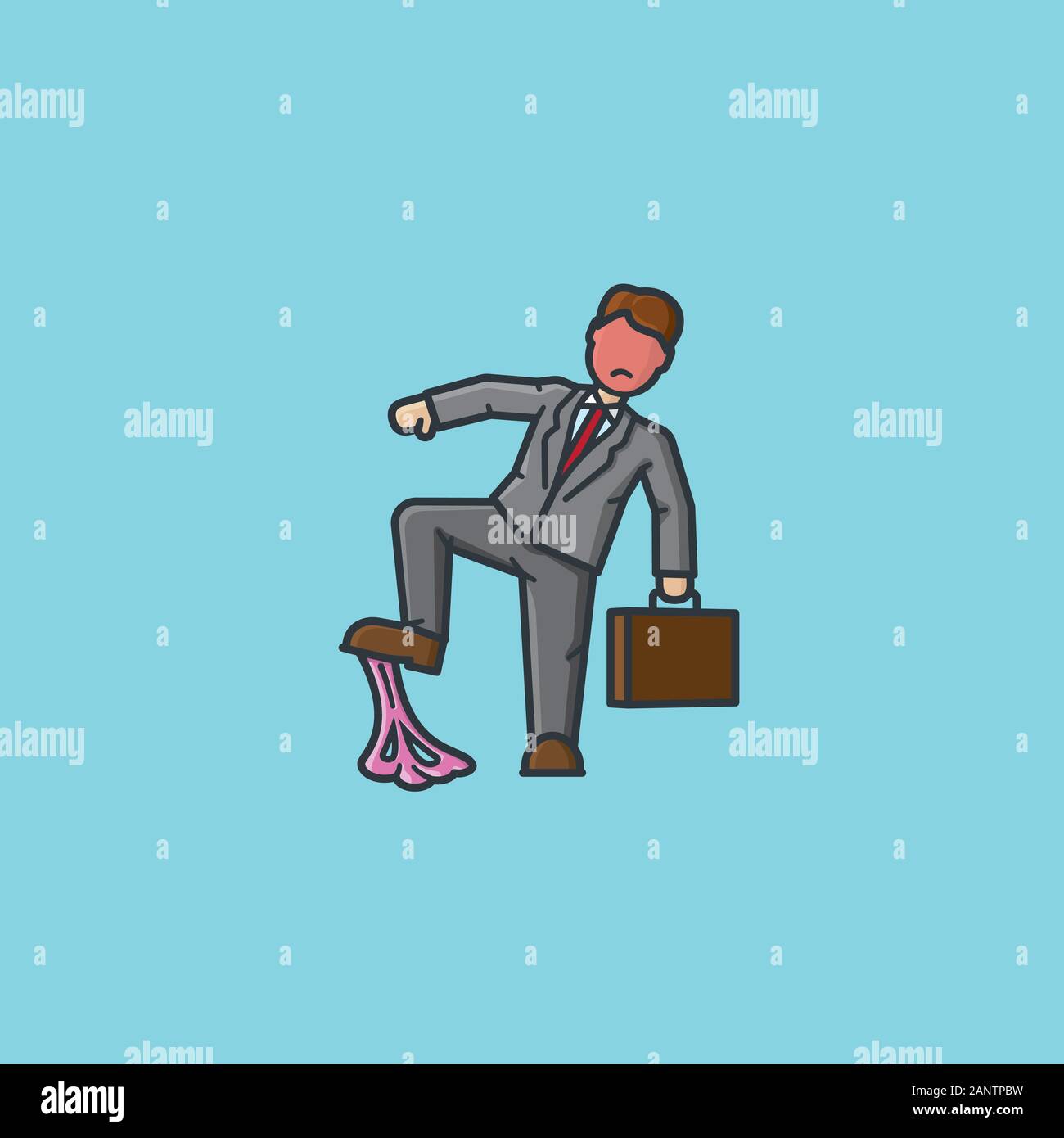Businessman stepping in bubblegum vector illustration for Bubble Gum Day on February 7. Mishap, bad luck, annoyance color symbol. Stock Vector