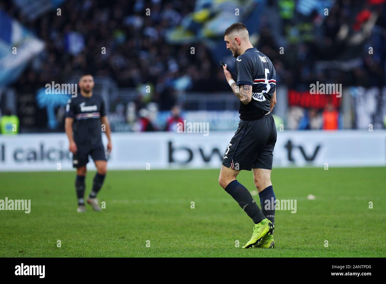 Julian Chabot leaves the pitch after sending off by referee Daniele Chiffi during the Italian championship Serie A football match between SS Lazio and UC Sampdoria on January 18, 2020 at Stadio Olimpico in Rome, Italy - Photo Federico Proietti/ESPA-Images Stock Photo