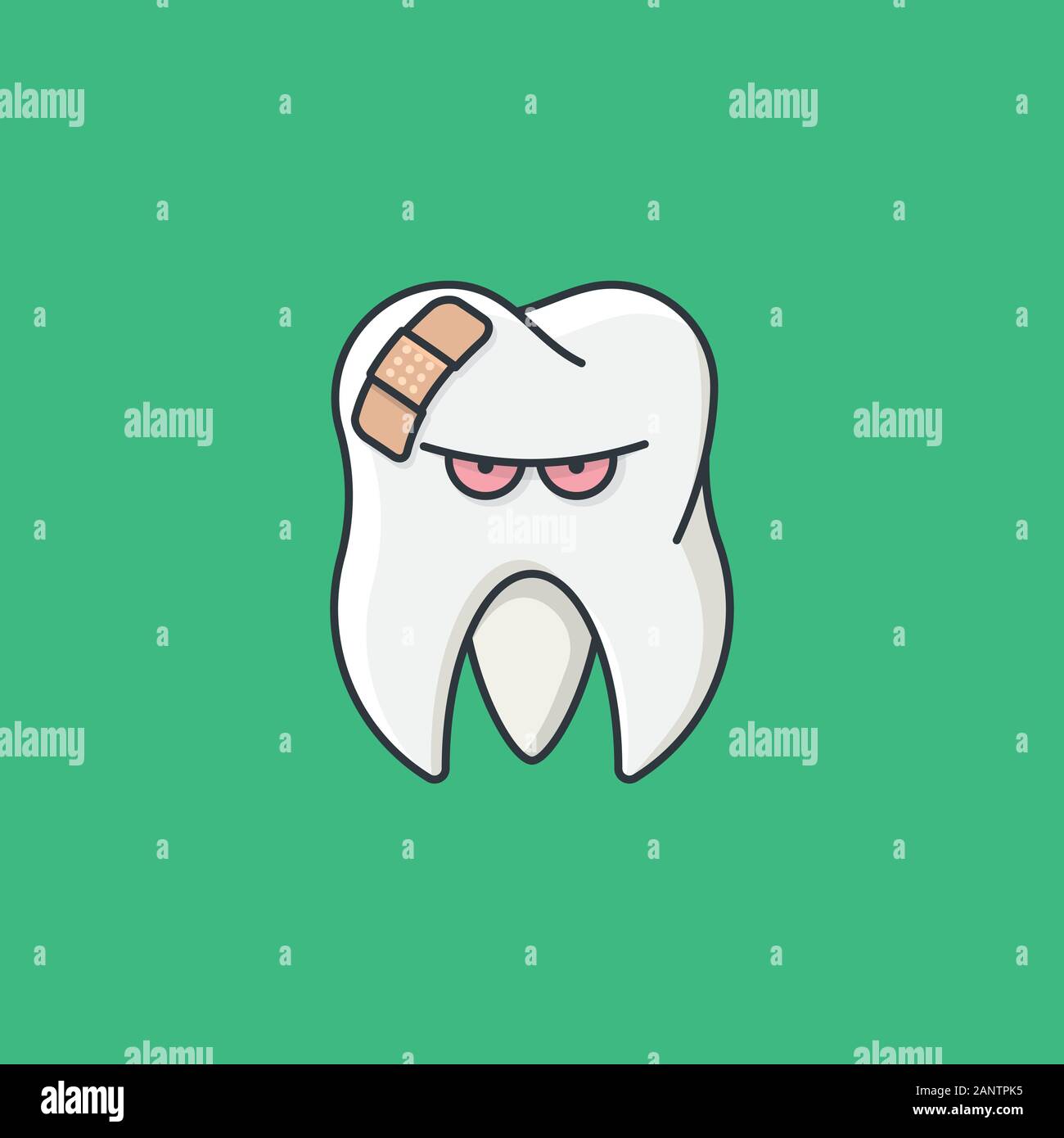 Annoyedly looking tooth with band aid vector illustration for Toothache Day on February 9. Toothache and pain concept. Stock Vector