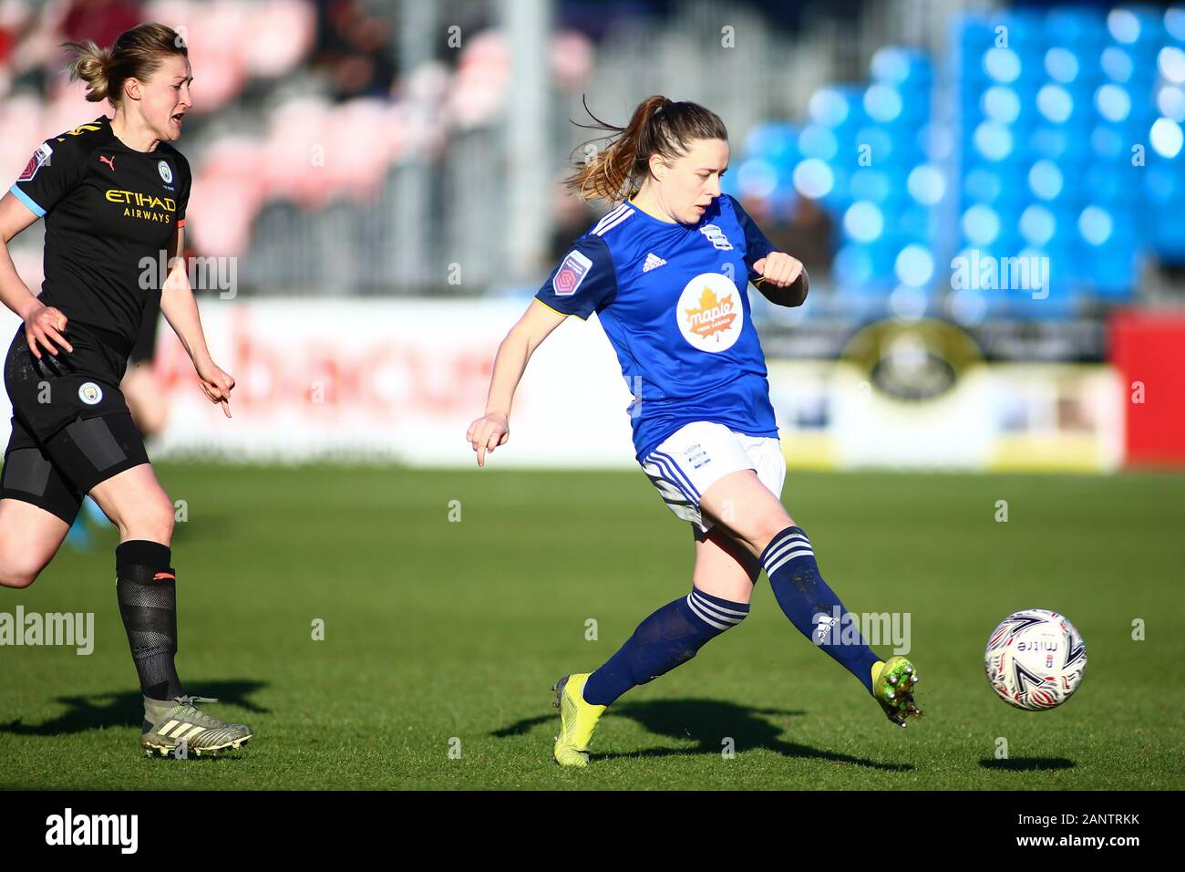 Birmingham, UK. 19th January 2020. Abbi Grant of Birmingham City women passes the ball back when under attack. BCFC 0 - 2 Man City. Peter Lopeman/Alamy Live News Stock Photo