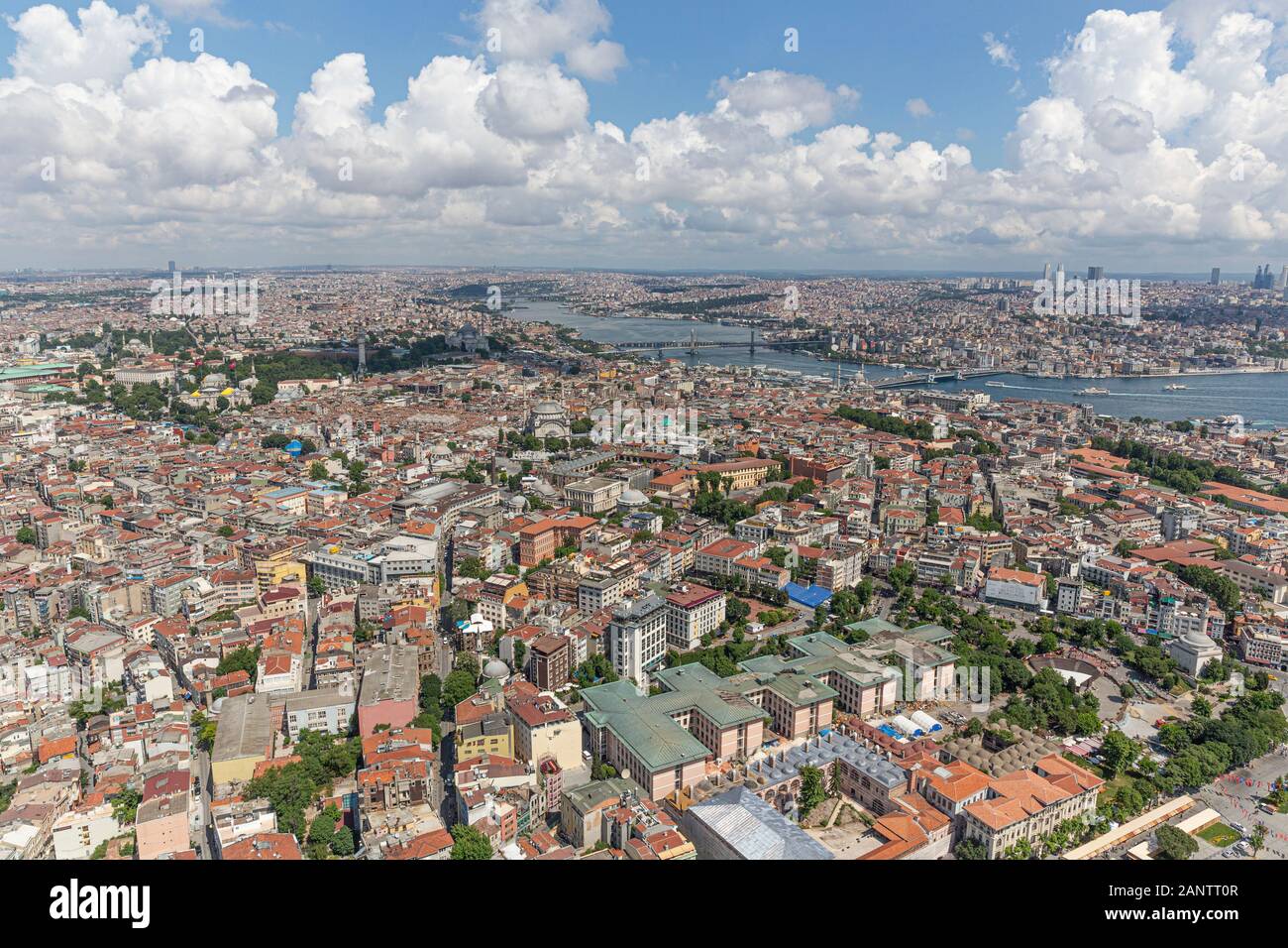 Istanbul aerial photo; Sultanahmet Square, Cemberlitas, Grand Bazaar, Beyazit Square, view from helicopter. Stock Photo