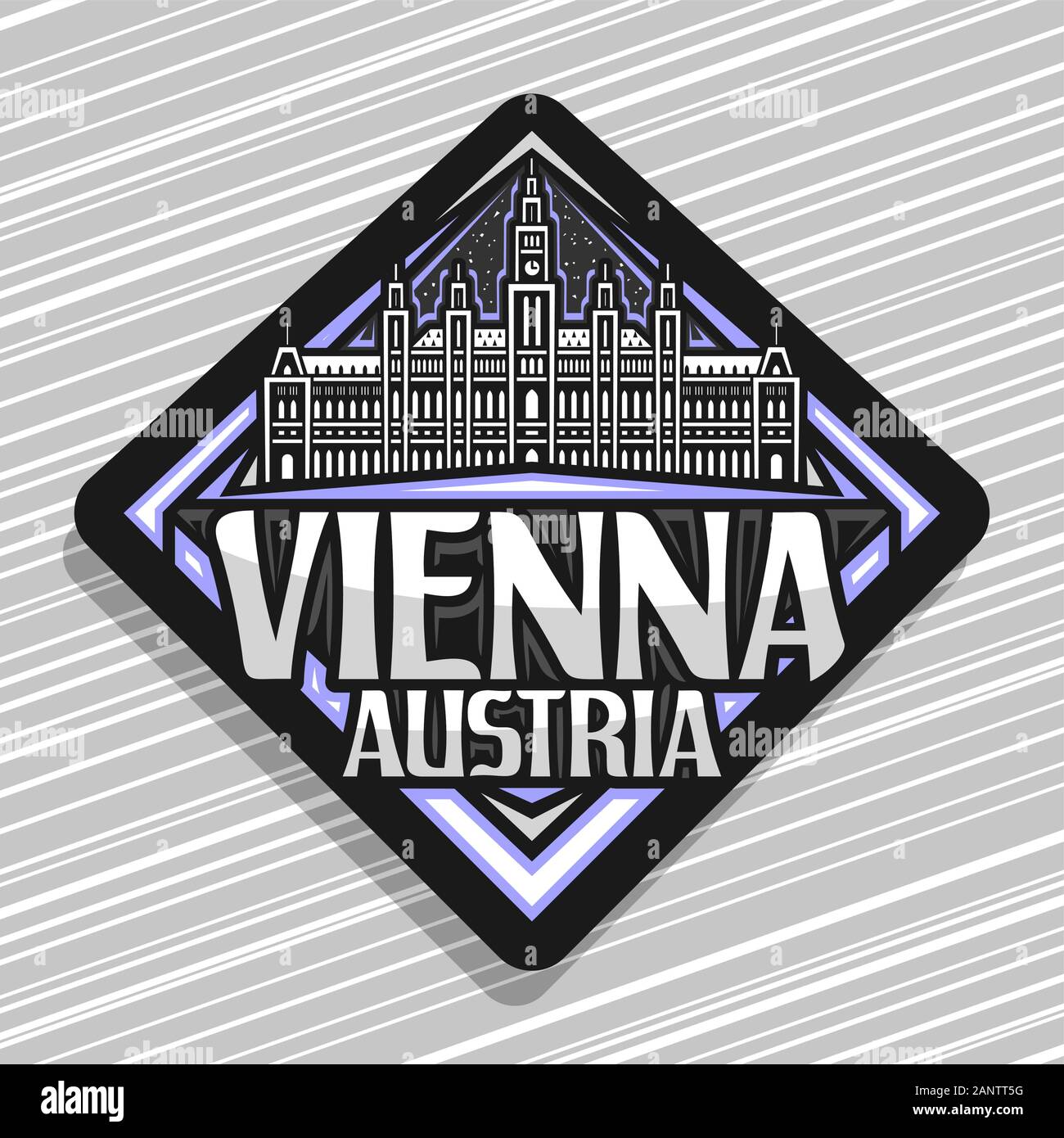 Vector logo for Vienna, dark rhombus badge with art illustration of historic Vienna City Hall on dusk sky background, decorative tourist fridge magnet Stock Vector