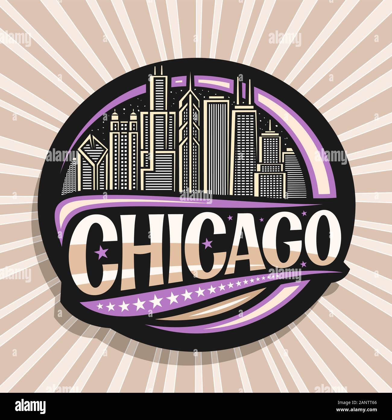 Vector logo for Chicago, dark decorative round badge with draw illustration of modern twilight chicago cityscape, tourist fridge magnet with original Stock Vector