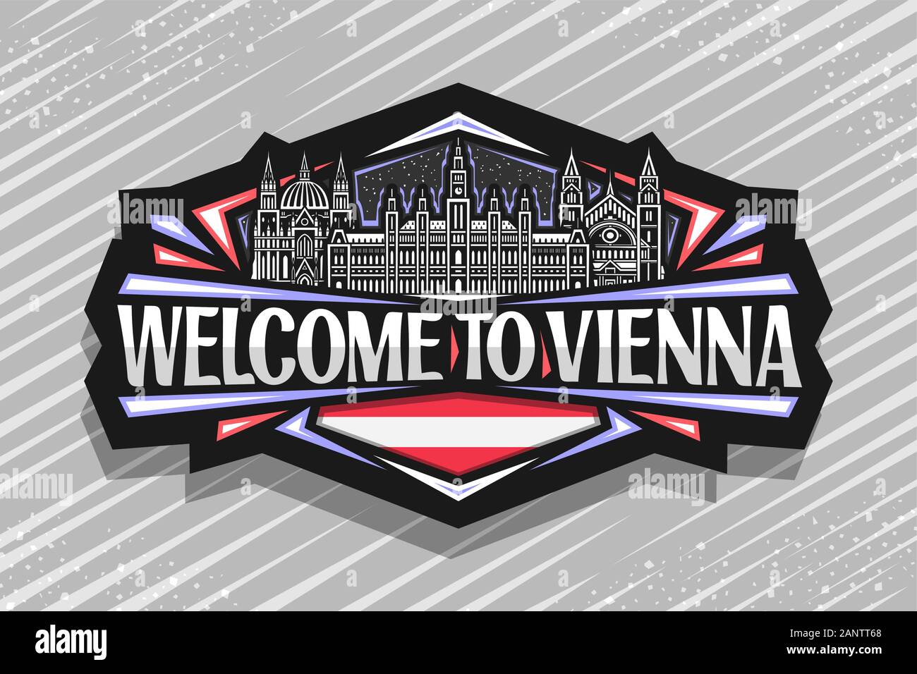 Vector logo for Vienna, dark decorative signage with line illustration of Vienna City Hall and historic Kirche Maria vom Siege on sky background, tour Stock Vector