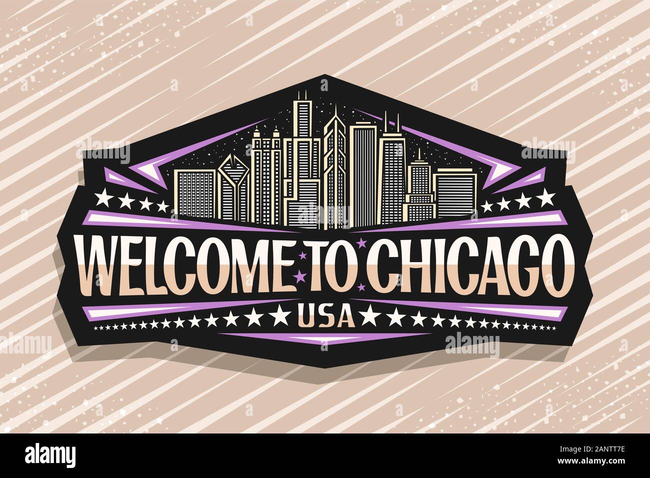 Vector logo for Chicago, dark decorative tag with draw illustration of modern chicago cityscape at dusk, tourist fridge magnet with original typeface Stock Vector