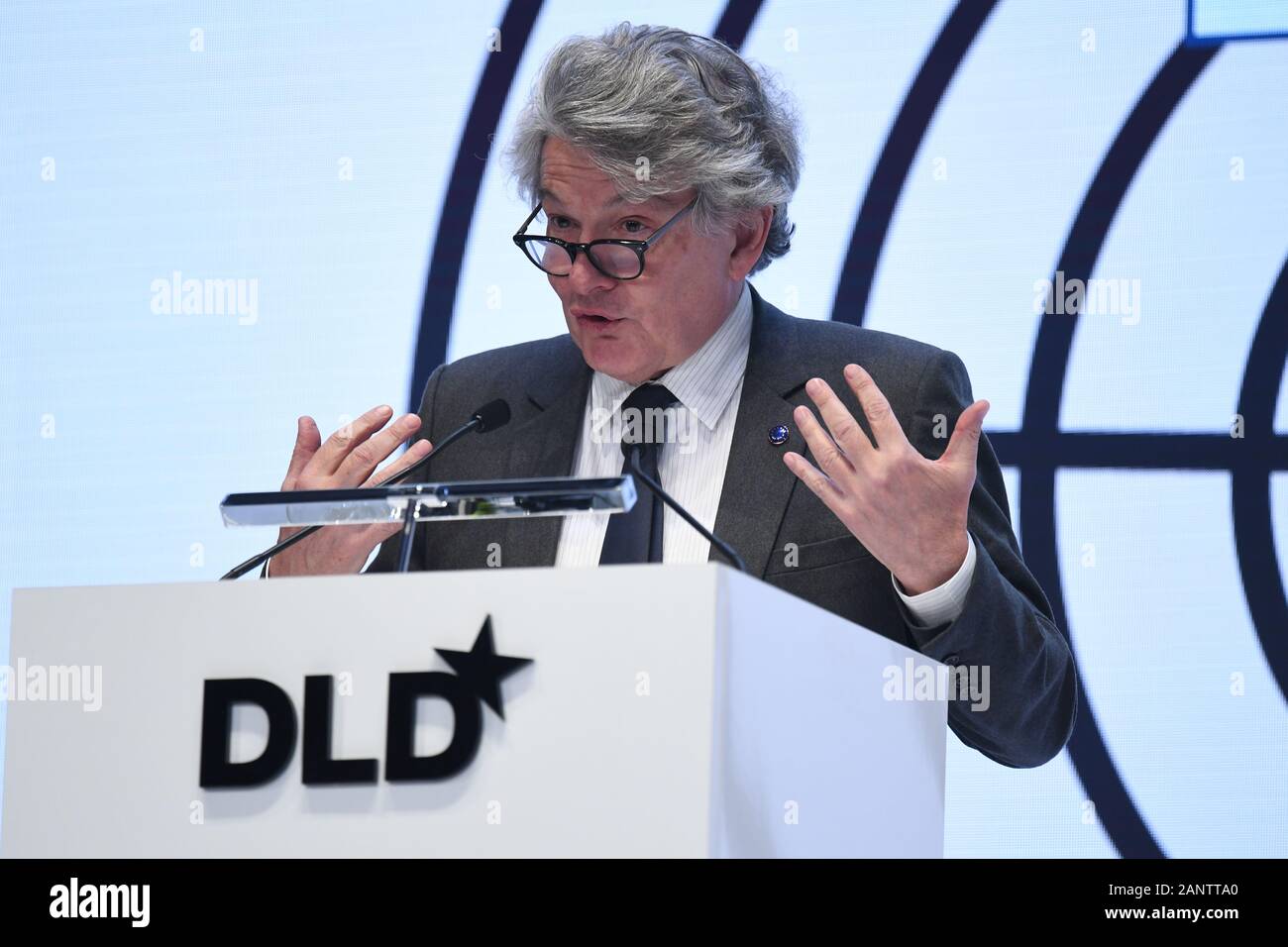 Munich, Germany. 19th Jan, 2020. Thierry Breton (EU Commissioner for the Internal Market) speaks at DLD Munich Conference 2020, Europe's big innovation conference, Alte Kongresshalle, Munich, January 18- 20, 2020 Picture Alliance for DLD/Hubert Burda Media | usage worldwide Credit: dpa/Alamy Live News Stock Photo