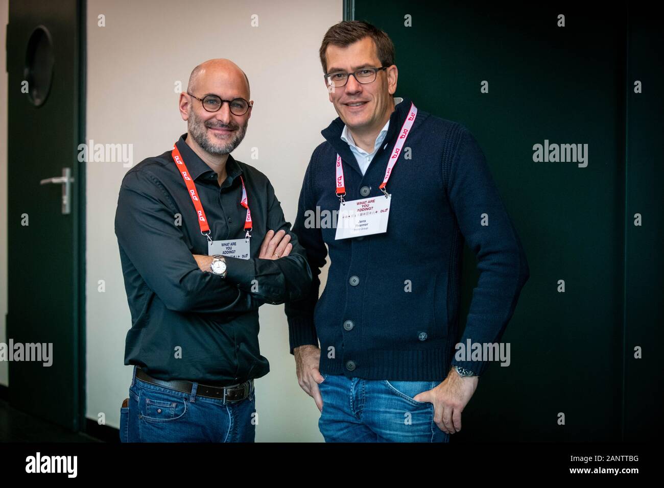 19 January 2020, Bavaria, Munich: (l-r) Dominik Wichmann(Looping Group) and Jens Thiemer (BMW Group) pose for a picture at DLD Munich Conference 2020, Europe’s big innovation conference, Alte Kongresshalle, Munich, January 18– 20, 2020  Picture Alliance for DLD / Hubert Burda Media | usage worldwide Stock Photo