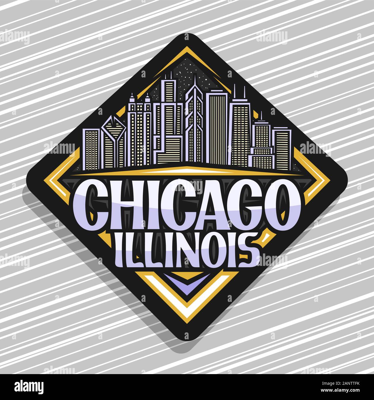 Vector logo for Chicago, dark decorative badge with line illustration of chicago cityscape at evening, tourist fridge magnet with original script for Stock Vector