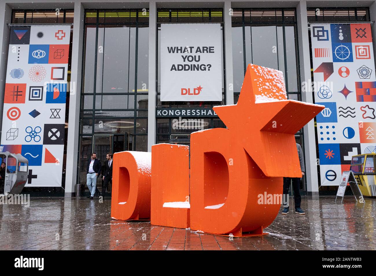 Munich, Germany. 19th Jan, 2020. An overview pictures shows the DLD logo covered by snow at DLD Munich Conference 2020, Europe's big innovation conference, Alte Kongresshalle, Munich, January 18- 20, 2020 Picture Alliance for DLD/Hubert Burda Media | usage worldwide Credit: dpa/Alamy Live News Stock Photo